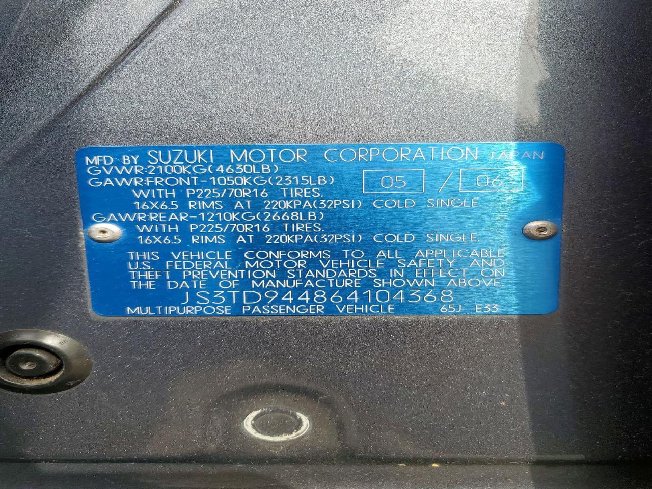 2006 Suzuki Grand Vitara Xsport Blue vin: JS3TD944864104368
