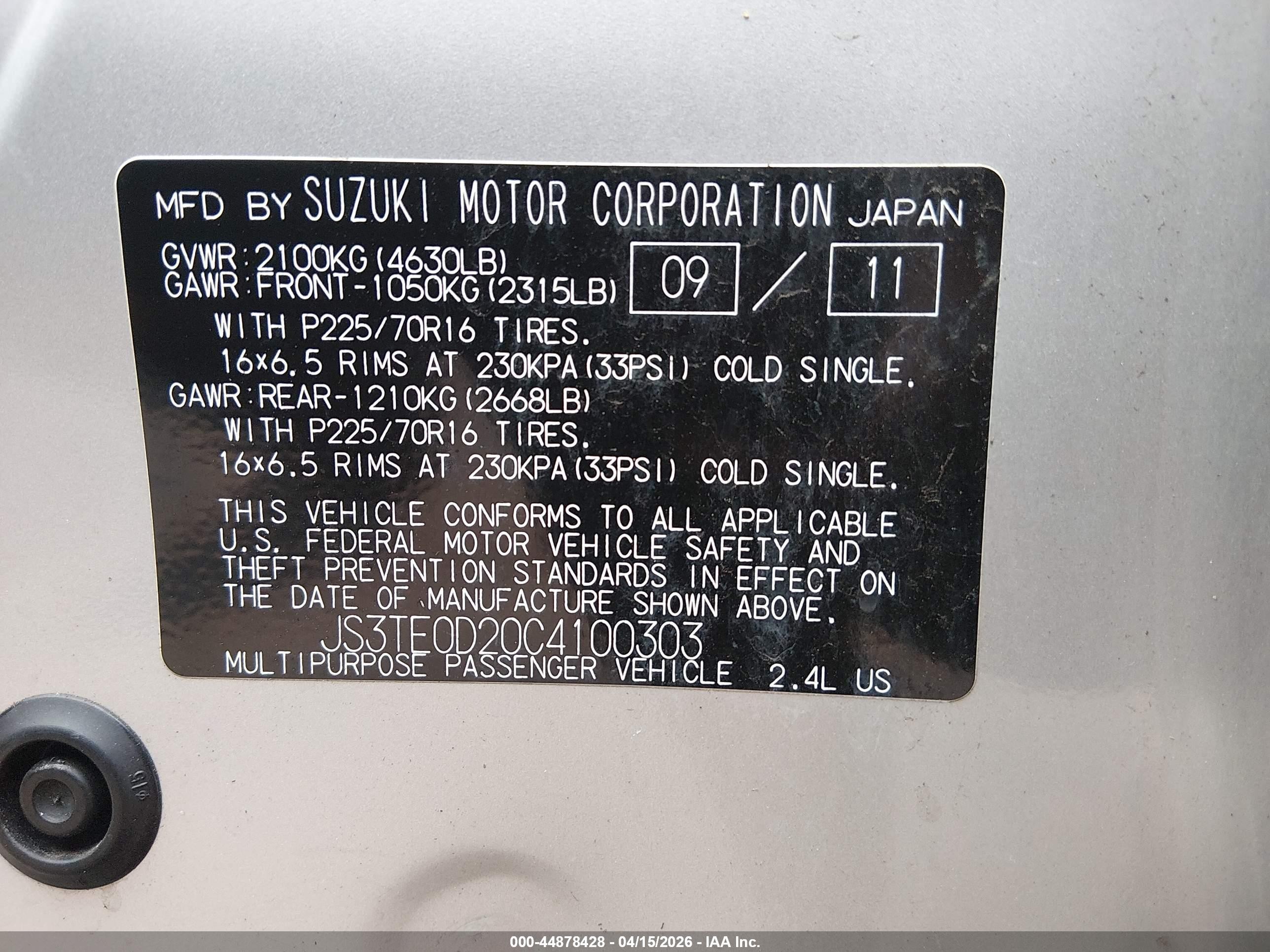 2012 Suzuki Grand Vitara Premium Silver vin: JS3TE0D20C4100303