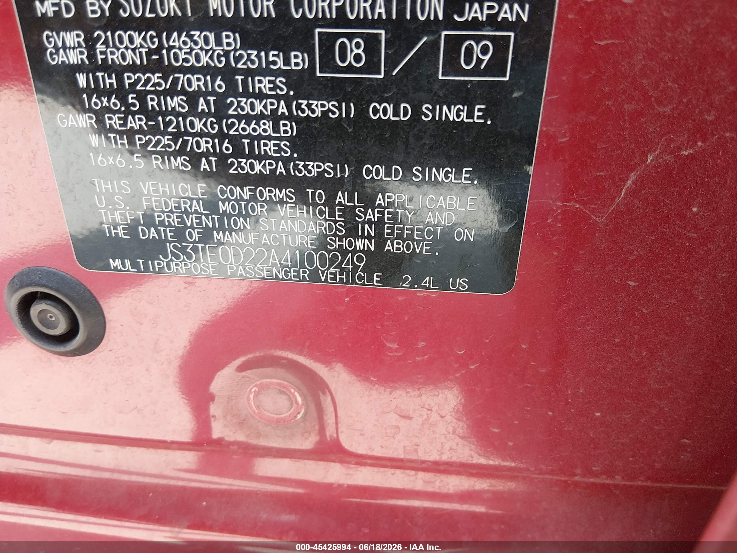 2010 Suzuki Grand Vitara Premium Red vin: JS3TE0D22A4100249