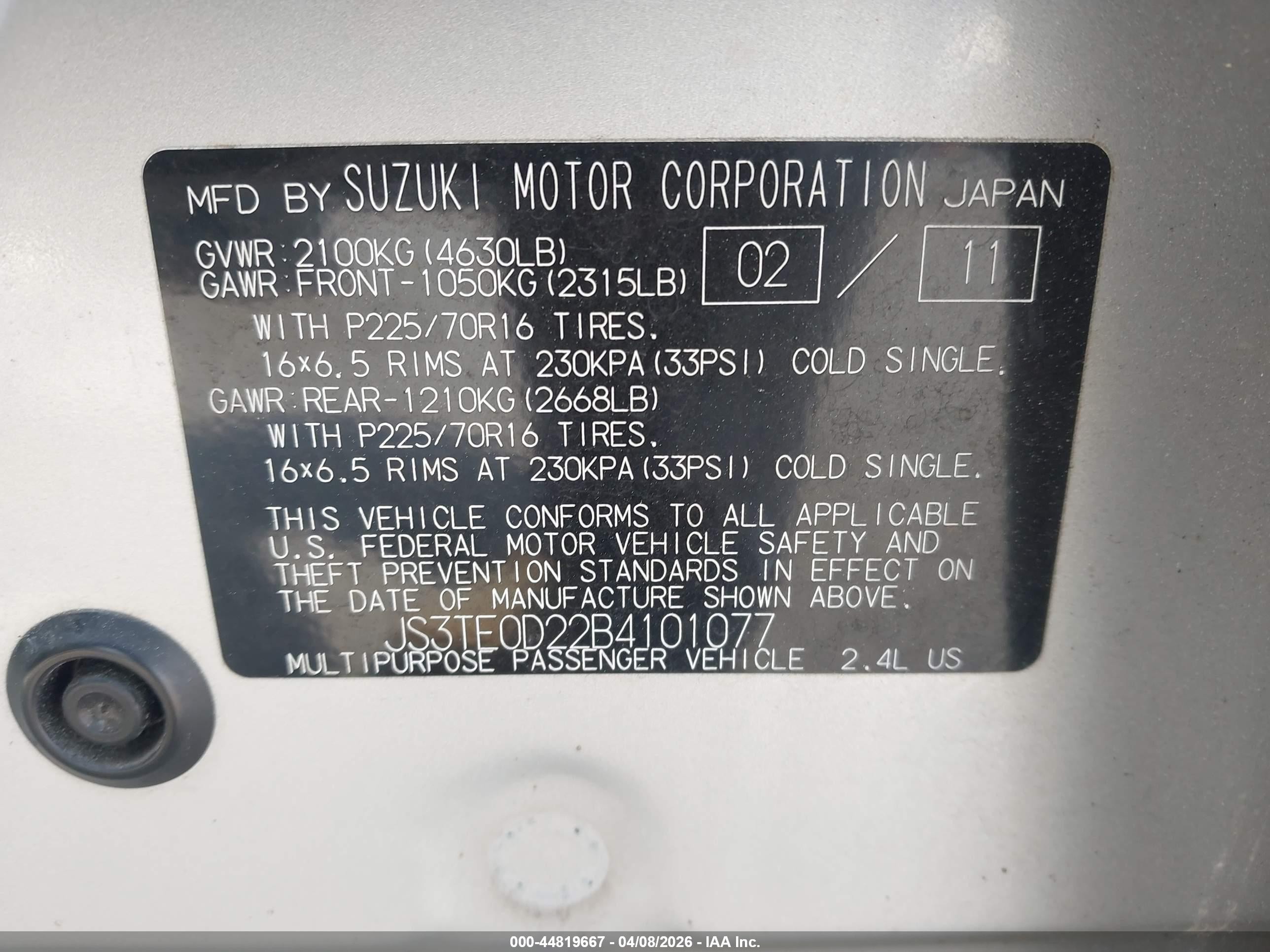 2011 Suzuki Grand Vitara Premium Silver vin: JS3TE0D22B4101077