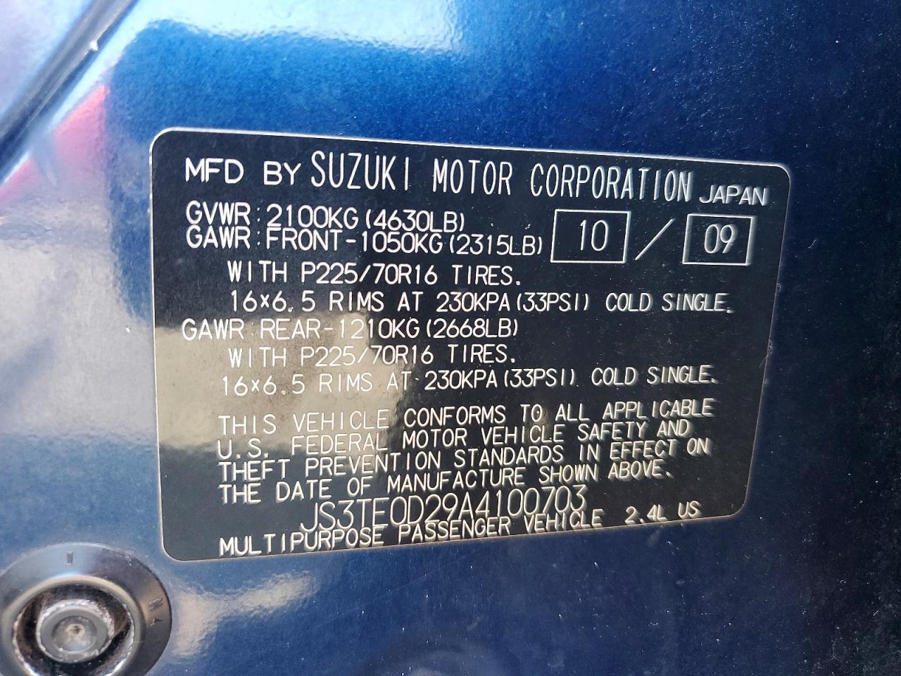 2010 Suzuki Grand Vitara Premium Blue vin: JS3TE0D29A4100703