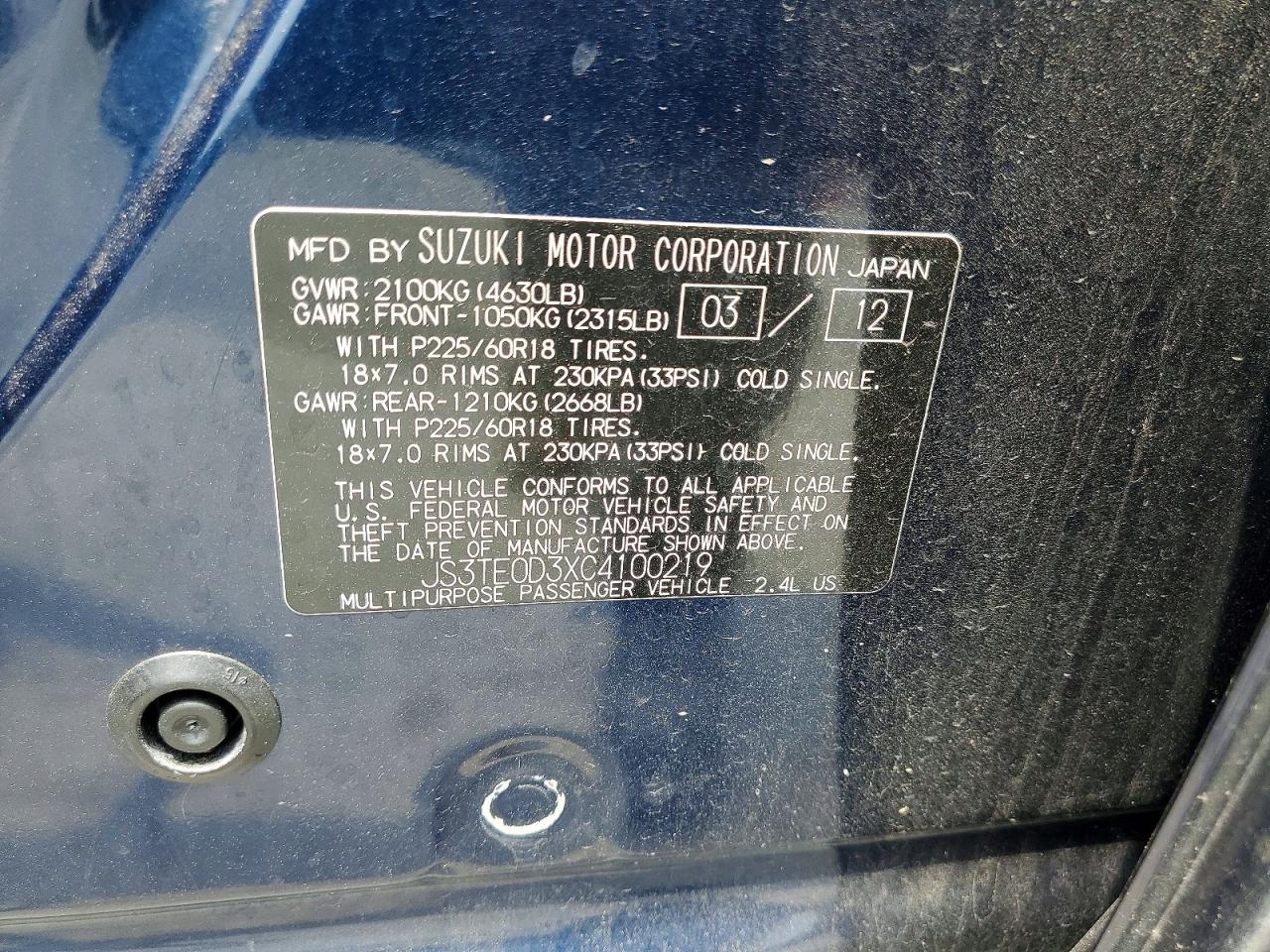 2012 Suzuki Grand Vitara Se Blue vin: JS3TE0D3XC4100219