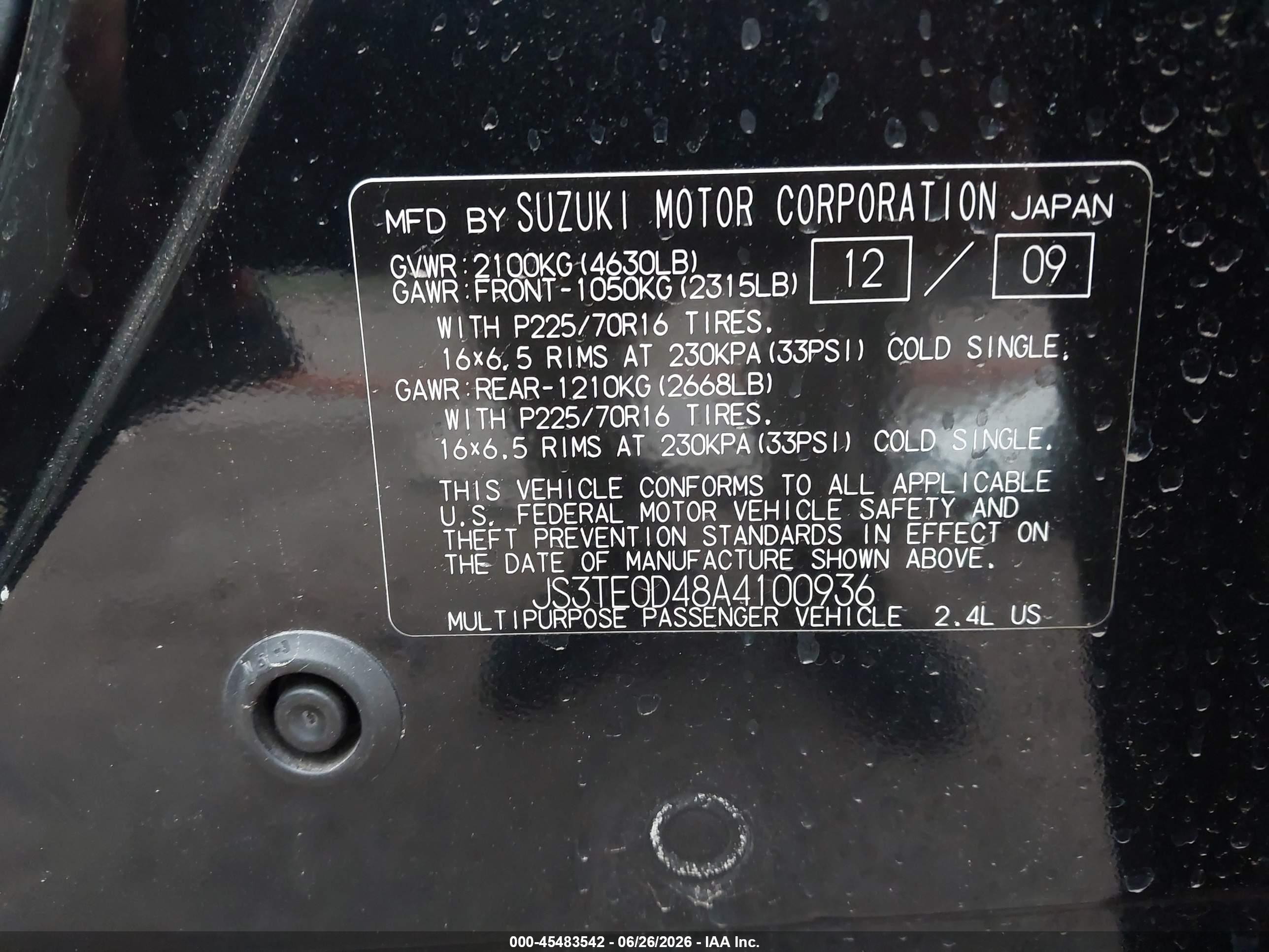 2010 Suzuki Grand Vitara Xsport Black vin: JS3TE0D48A4100936