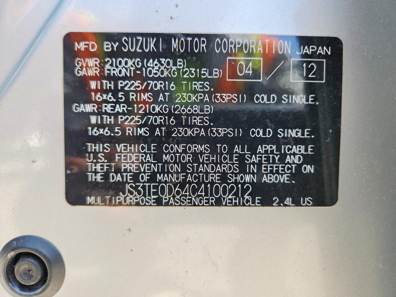 2012 Suzuki Grand Vitara Premium Silver vin: JS3TE0D64C4100212