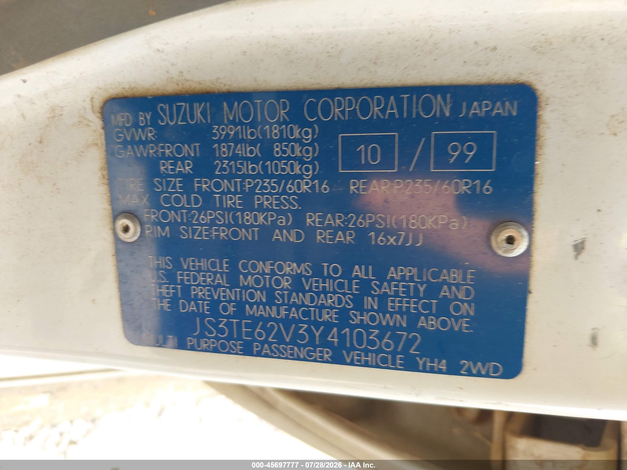 2000 Suzuki Grand Vitara Jls/jls+/limited White vin: JS3TE62V3Y4103672