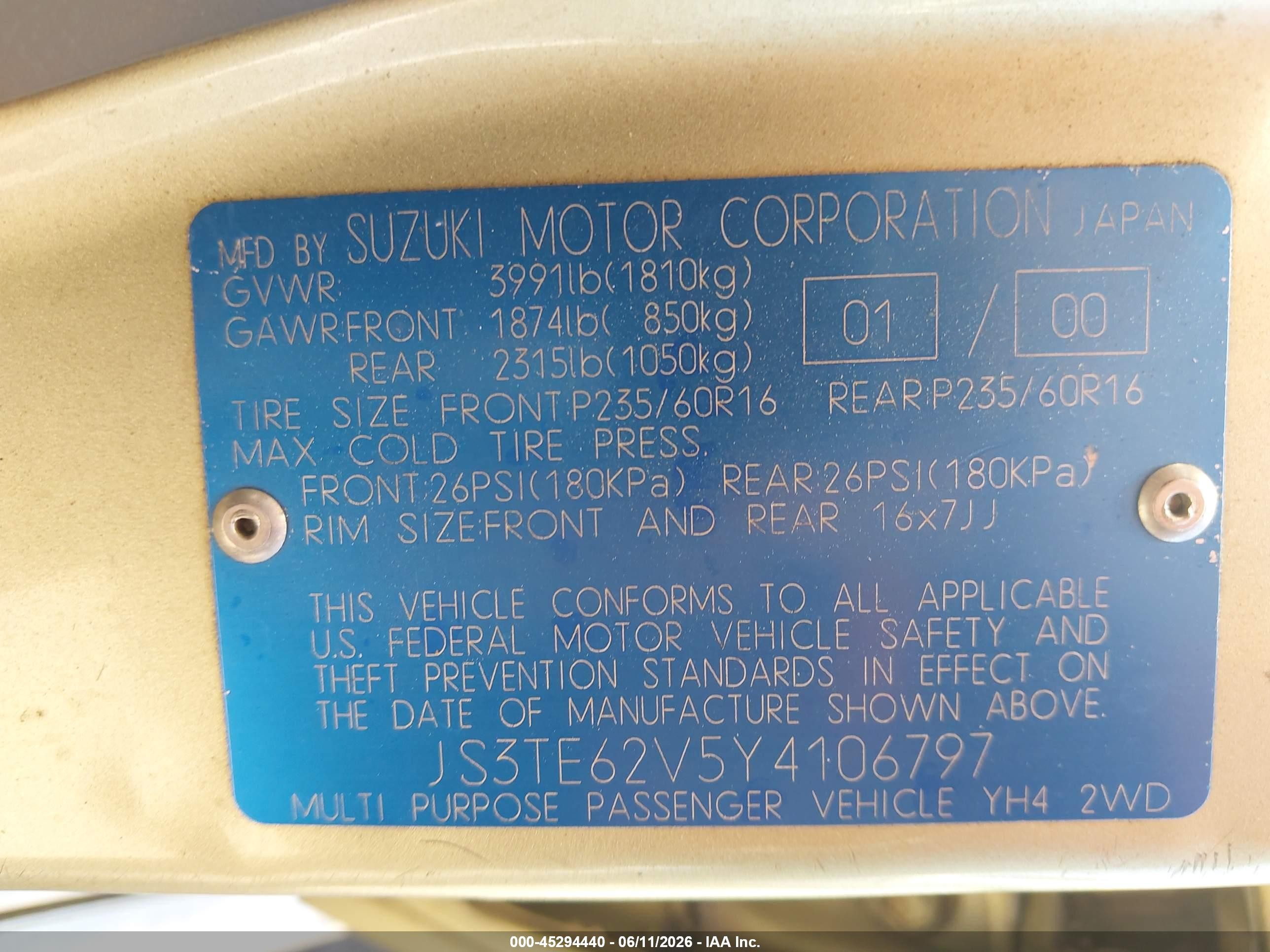 2000 Suzuki Grand Vitara Jls/jls+/limited Gold vin: JS3TE62V5Y4106797