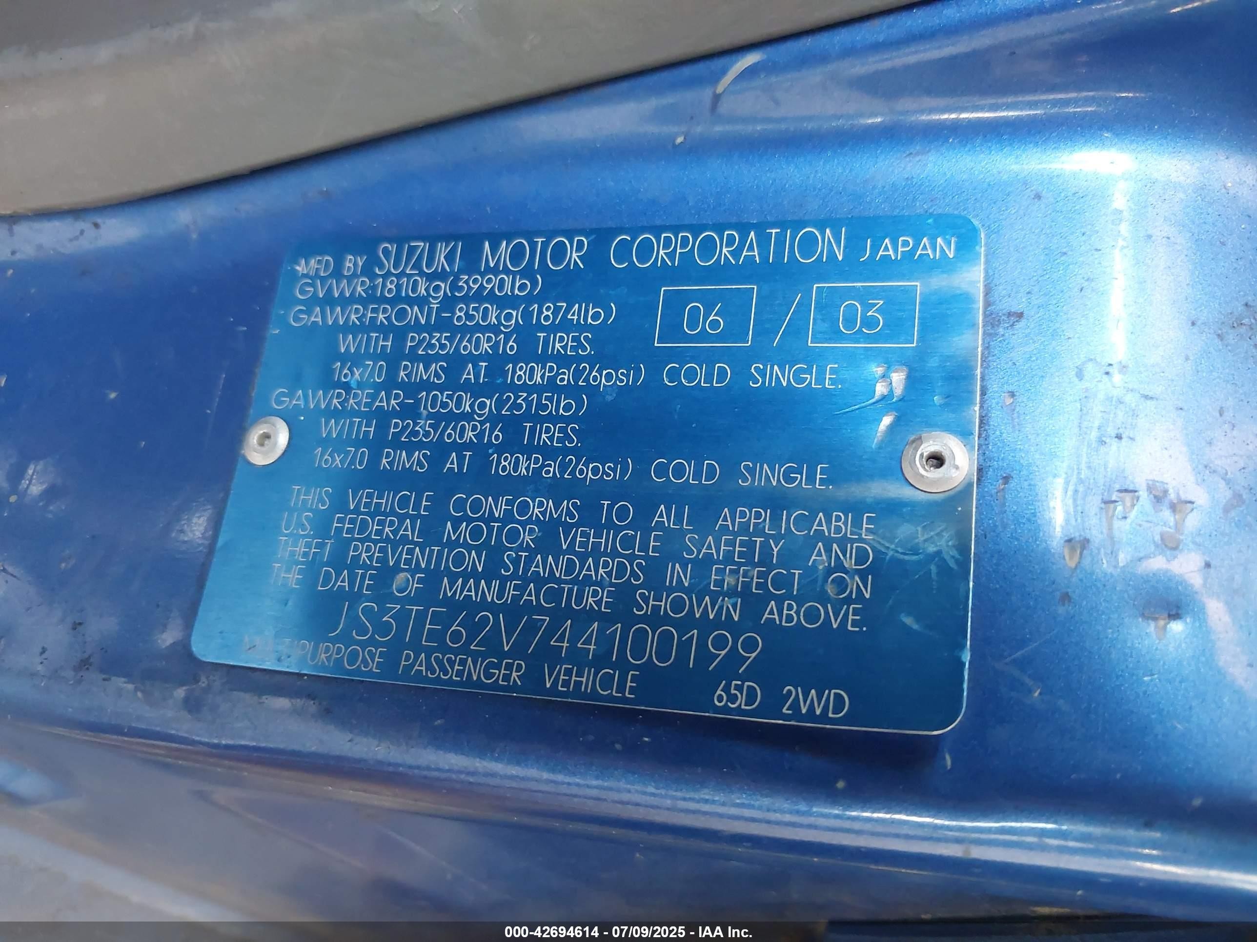 2004 Suzuki Grand Vitara Ex/lx Blue vin: JS3TE62V744100199