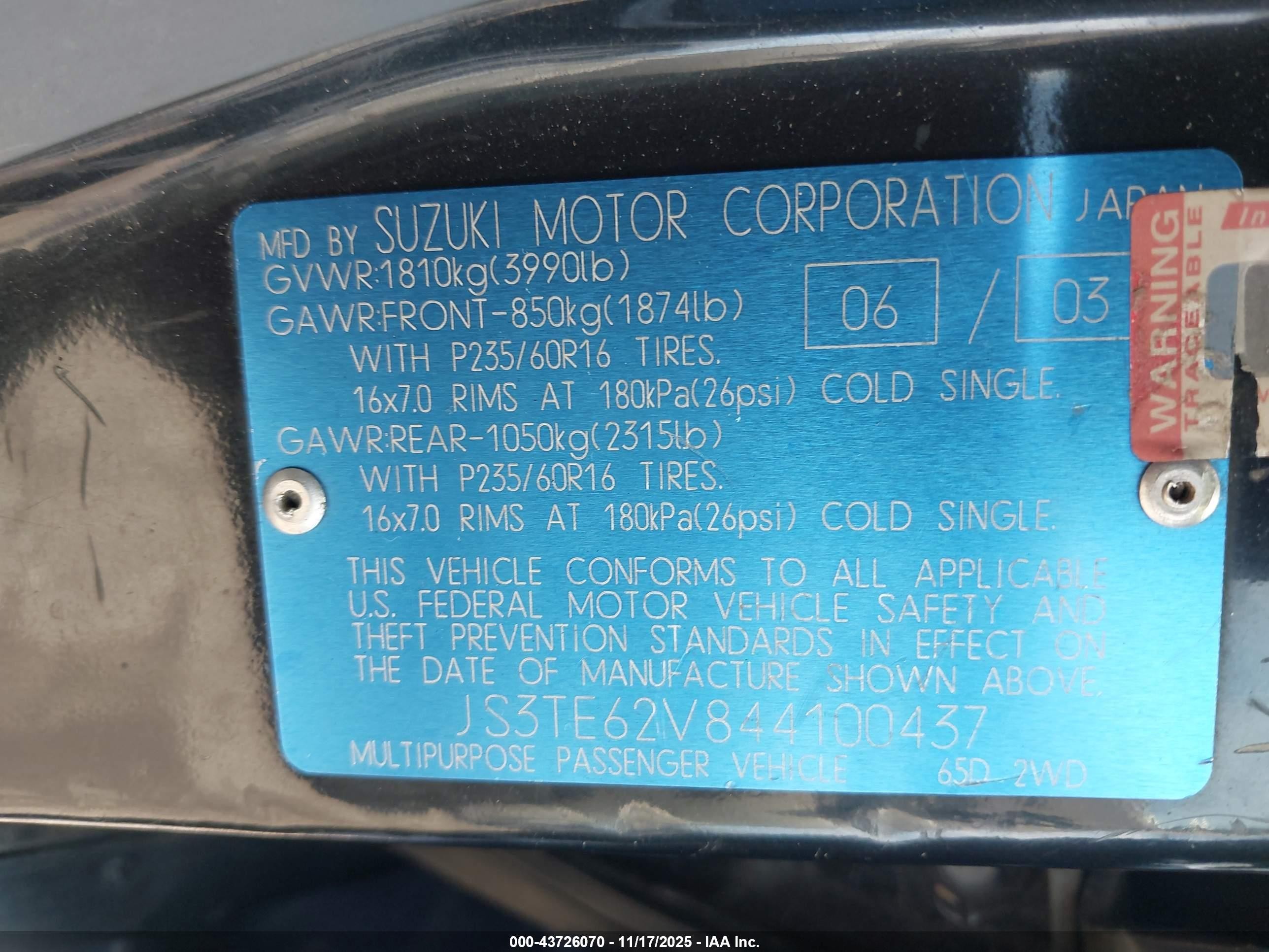 2004 Suzuki Grand Vitara Ex/lx Black vin: JS3TE62V844100437