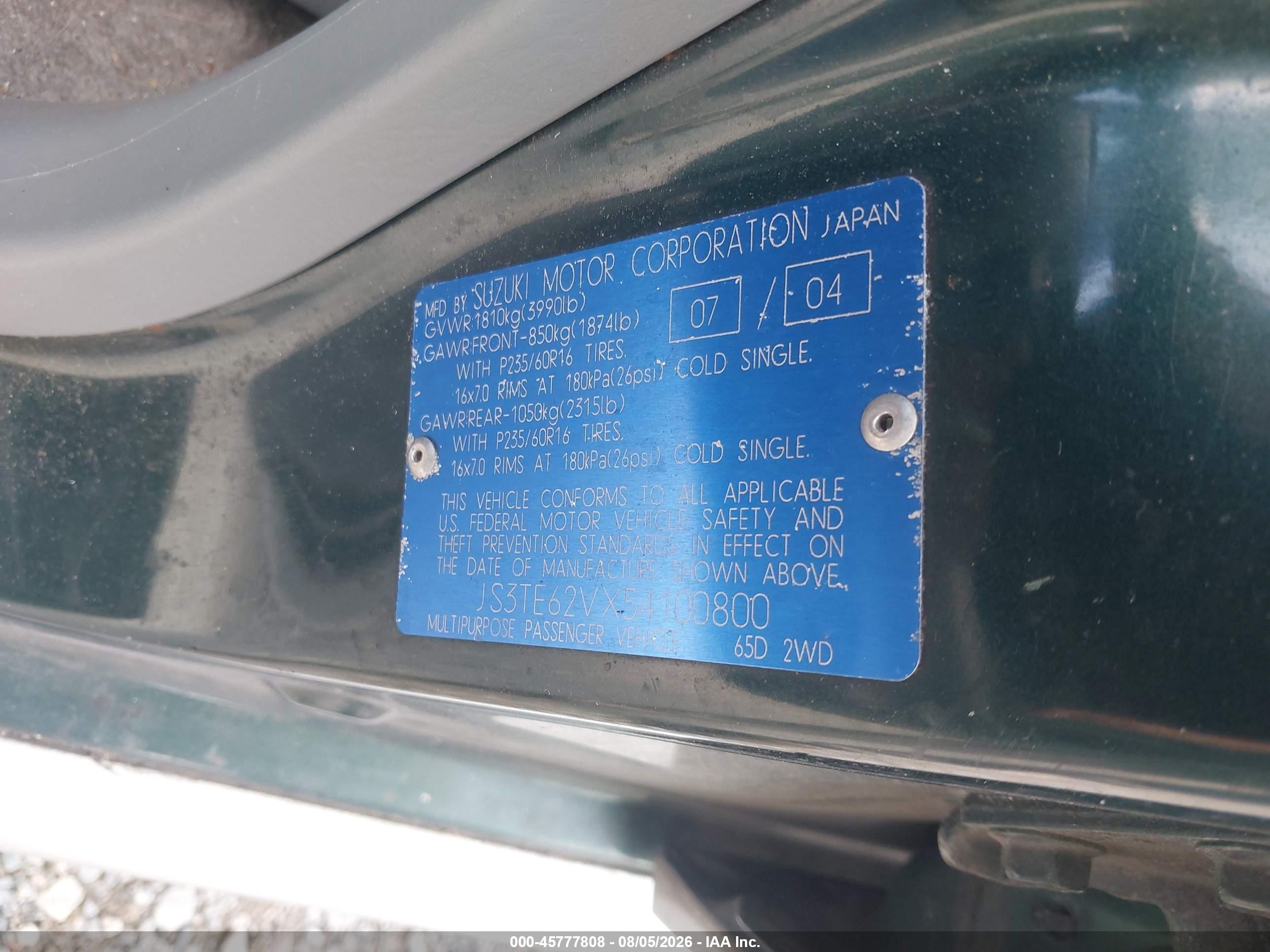 2005 Suzuki Grand Vitara Ex/lx Зеленый vin: JS3TE62VX54100800