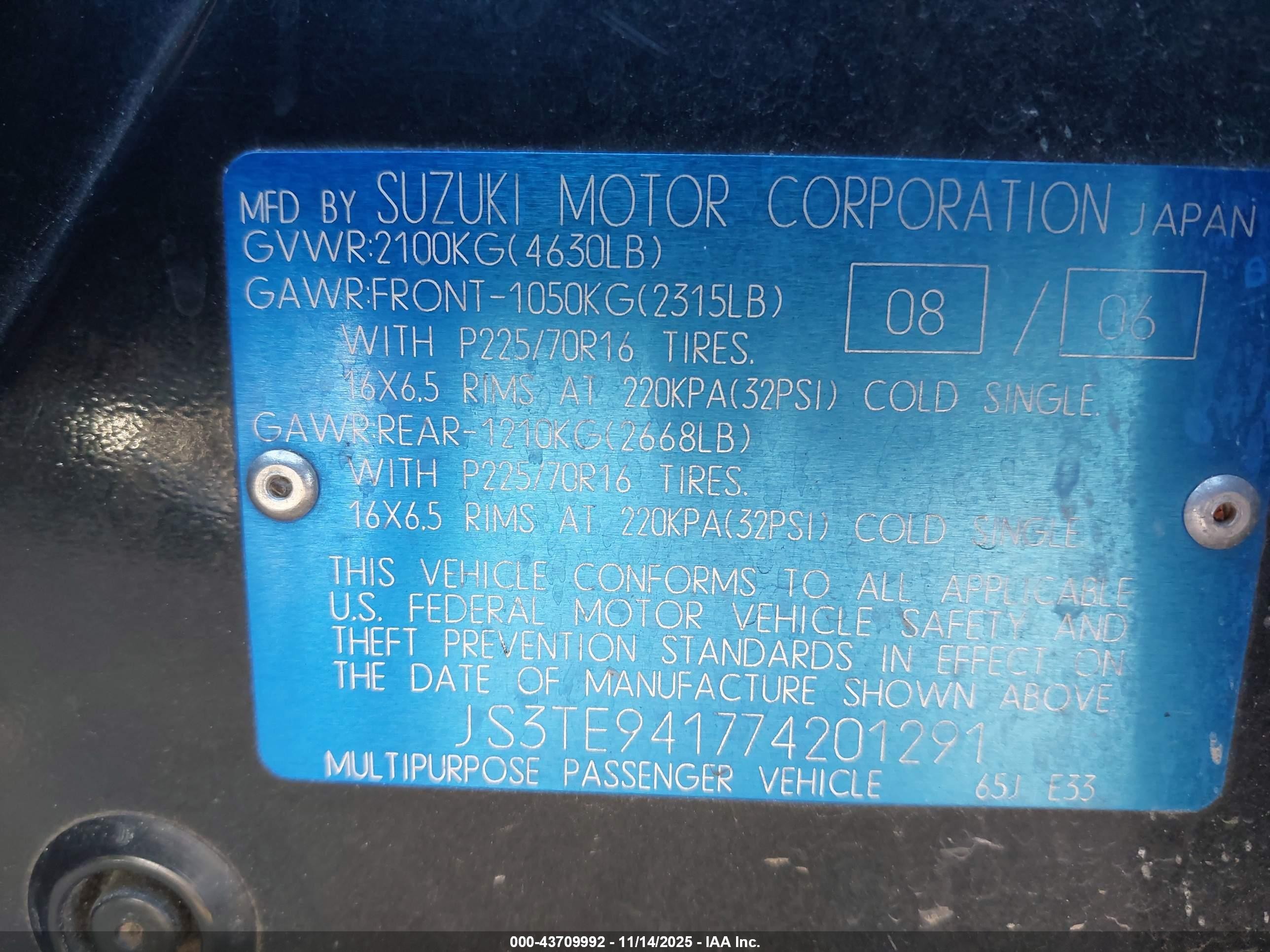 2007 Suzuki Grand Vitara   Navy vin: JS3TE941774201291