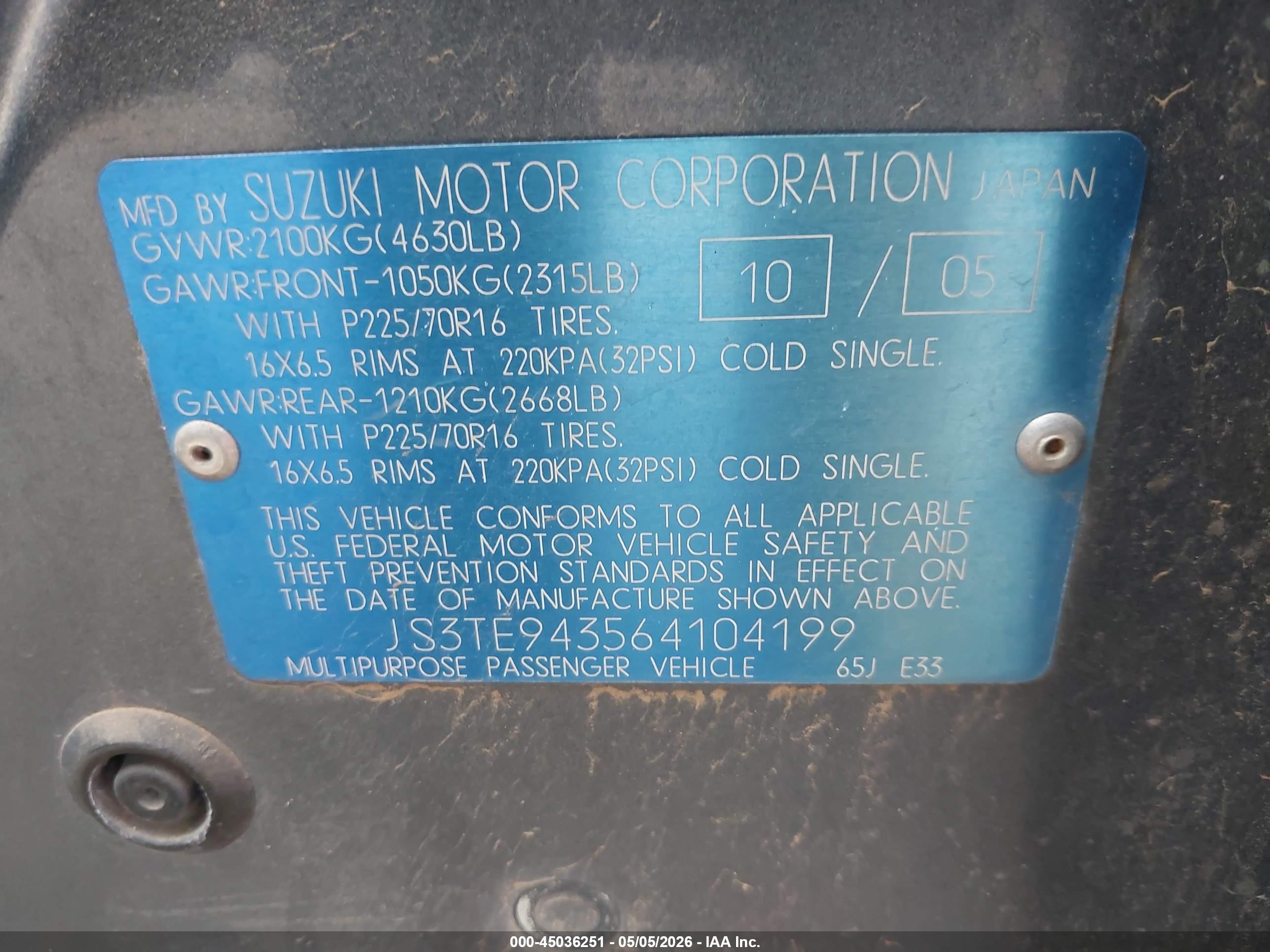 2006 Suzuki Grand Vitara Premium Silver vin: JS3TE943564104199
