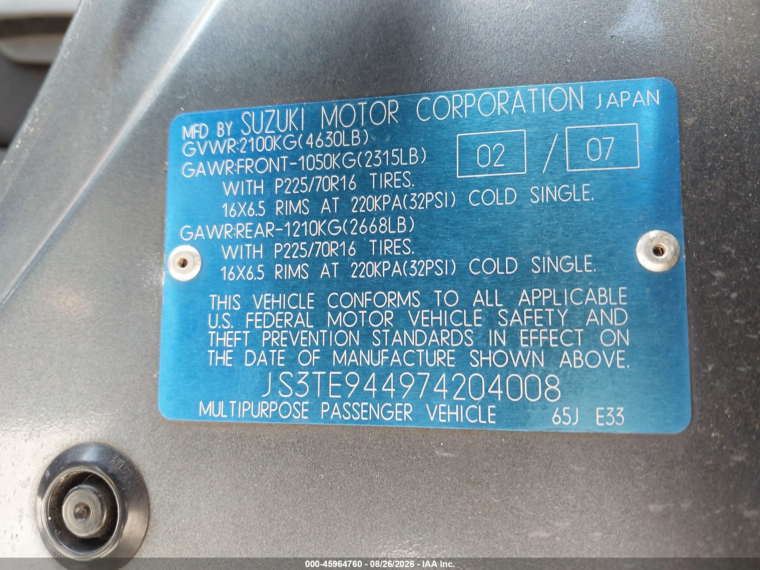 2007 Suzuki Grand Vitara Xsport Light Blue vin: JS3TE944974204008