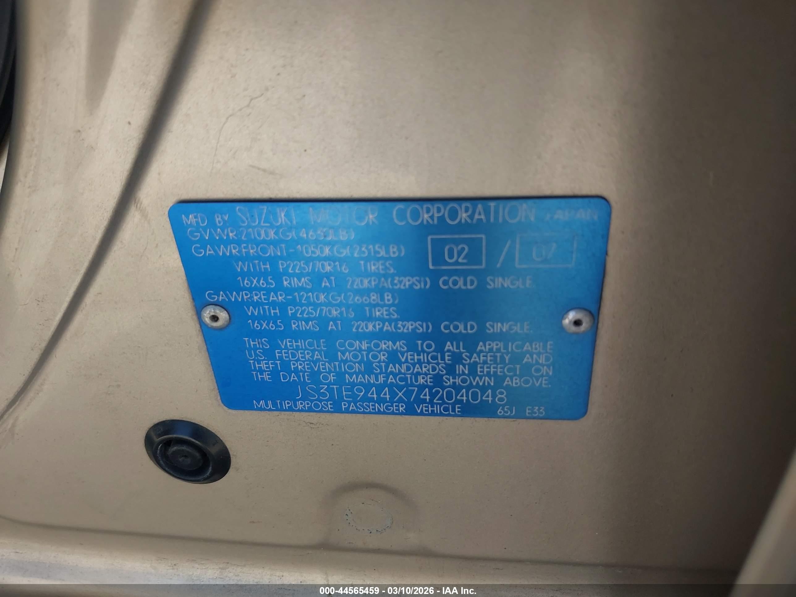 2007 Suzuki Grand Vitara Xsport Gold vin: JS3TE944X74204048