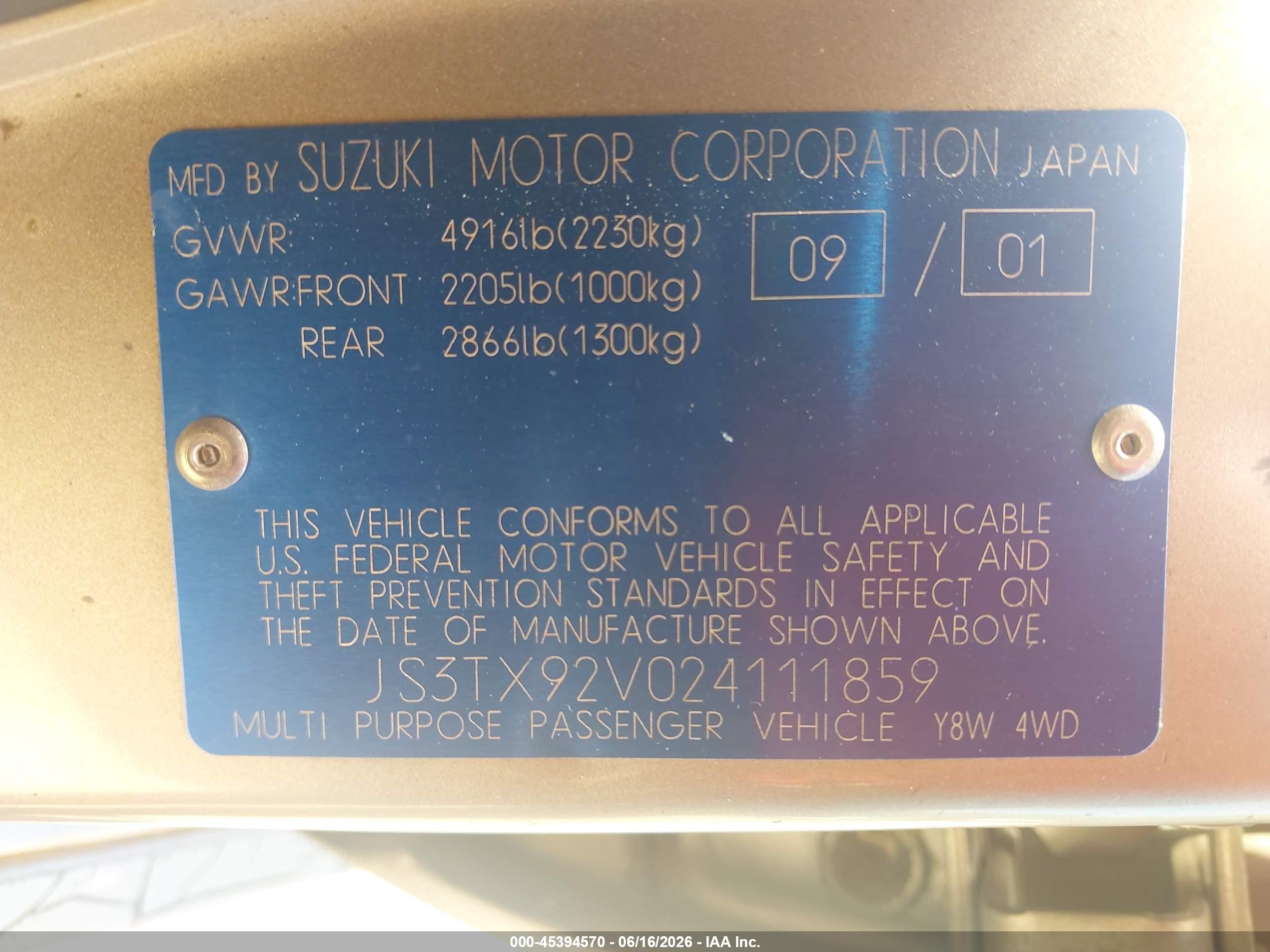 2002 Suzuki Xl-7 Limited/plus/standard/touring Beige vin: JS3TX92V024111859