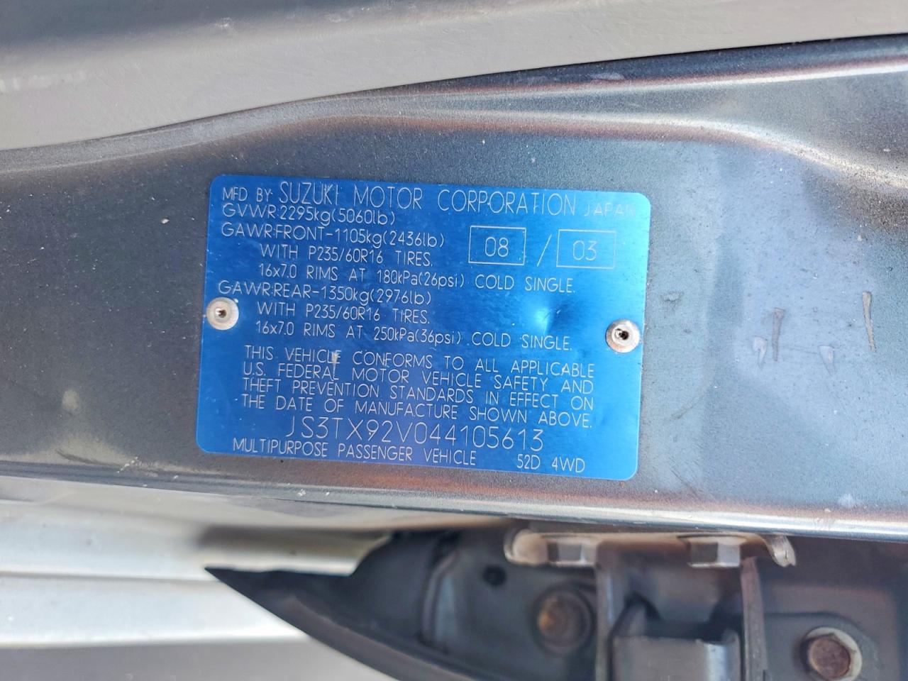 2004 Suzuki Xl7 Ex Green vin: JS3TX92V044105613