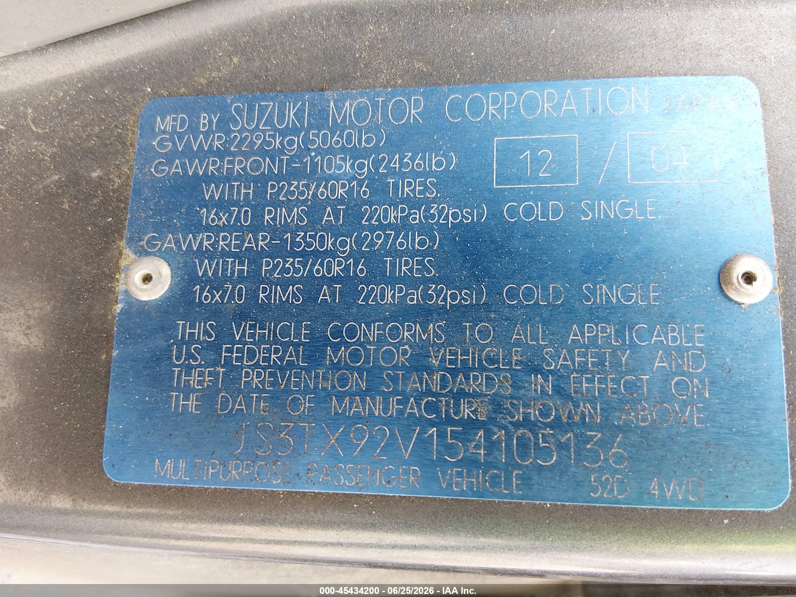 2005 Suzuki Xl-7 Ex/lx Blue vin: JS3TX92V154105136