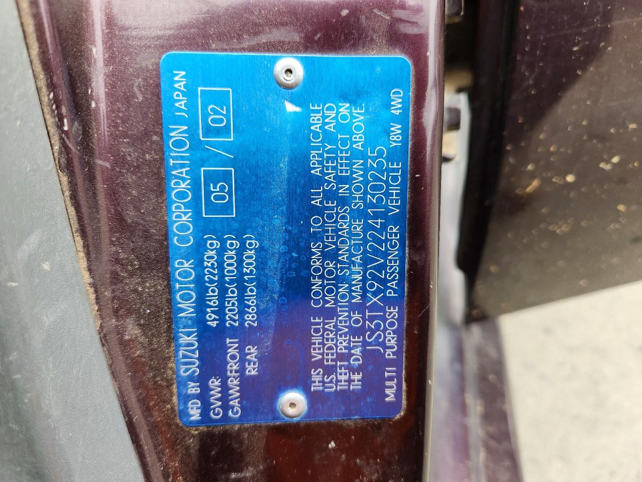 2002 Suzuki Xl7 Plus Purple vin: JS3TX92V224130235