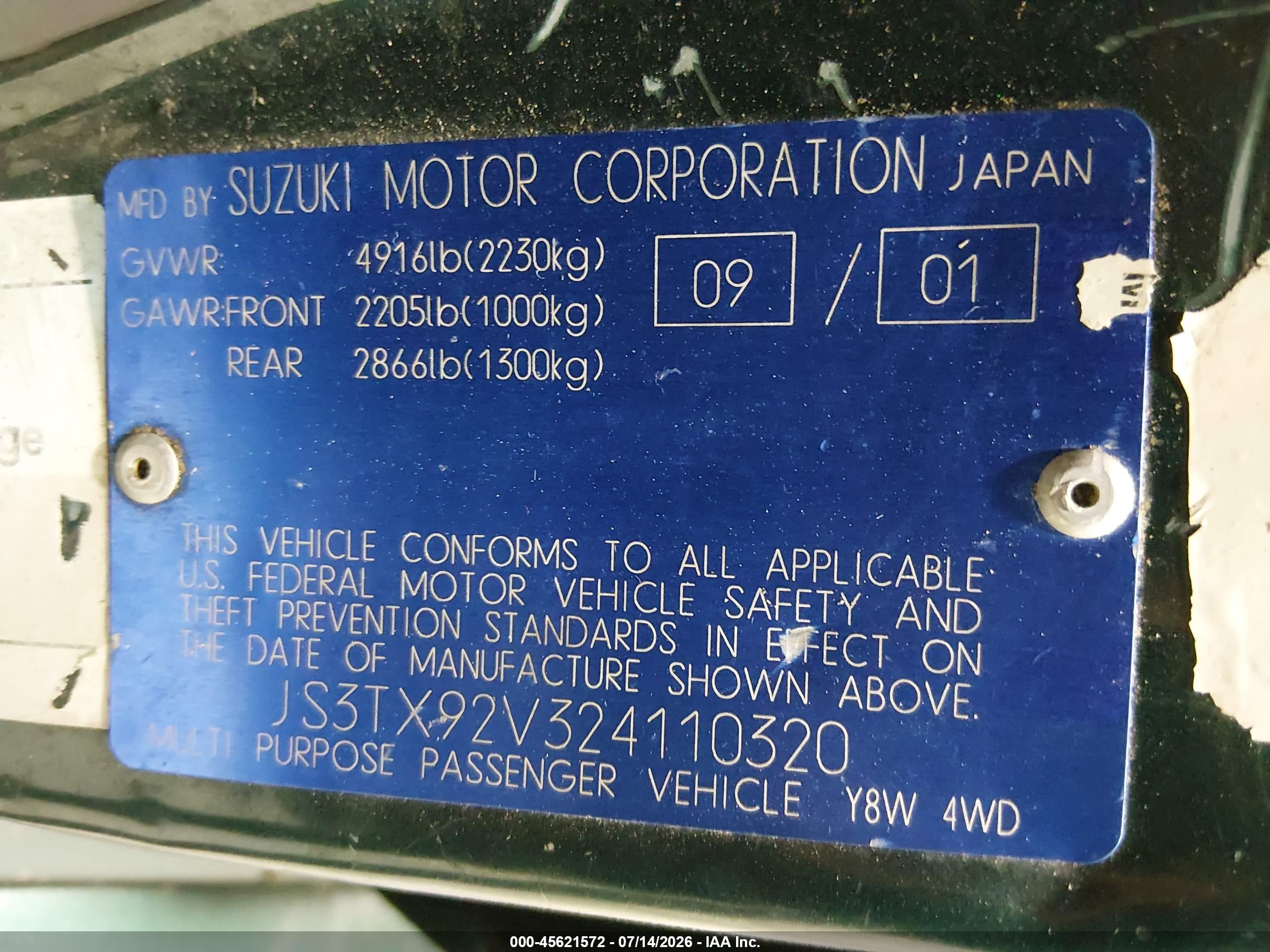 2002 Suzuki Xl-7 Limited/plus/standard/touring Green vin: JS3TX92V324110320