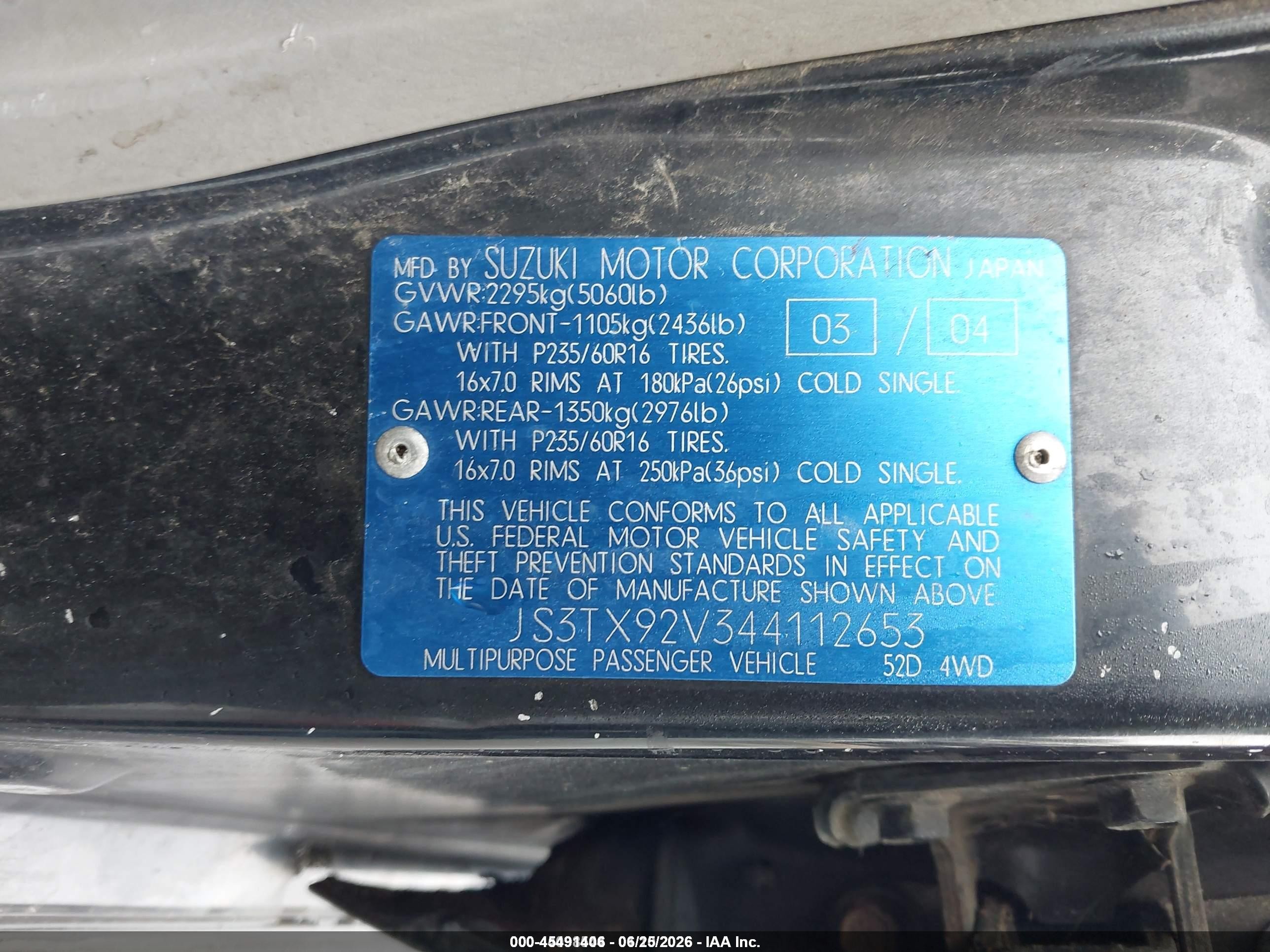 2004 Suzuki Xl-7 Ex/ex W/3rd Row/lx Black vin: JS3TX92V344112653