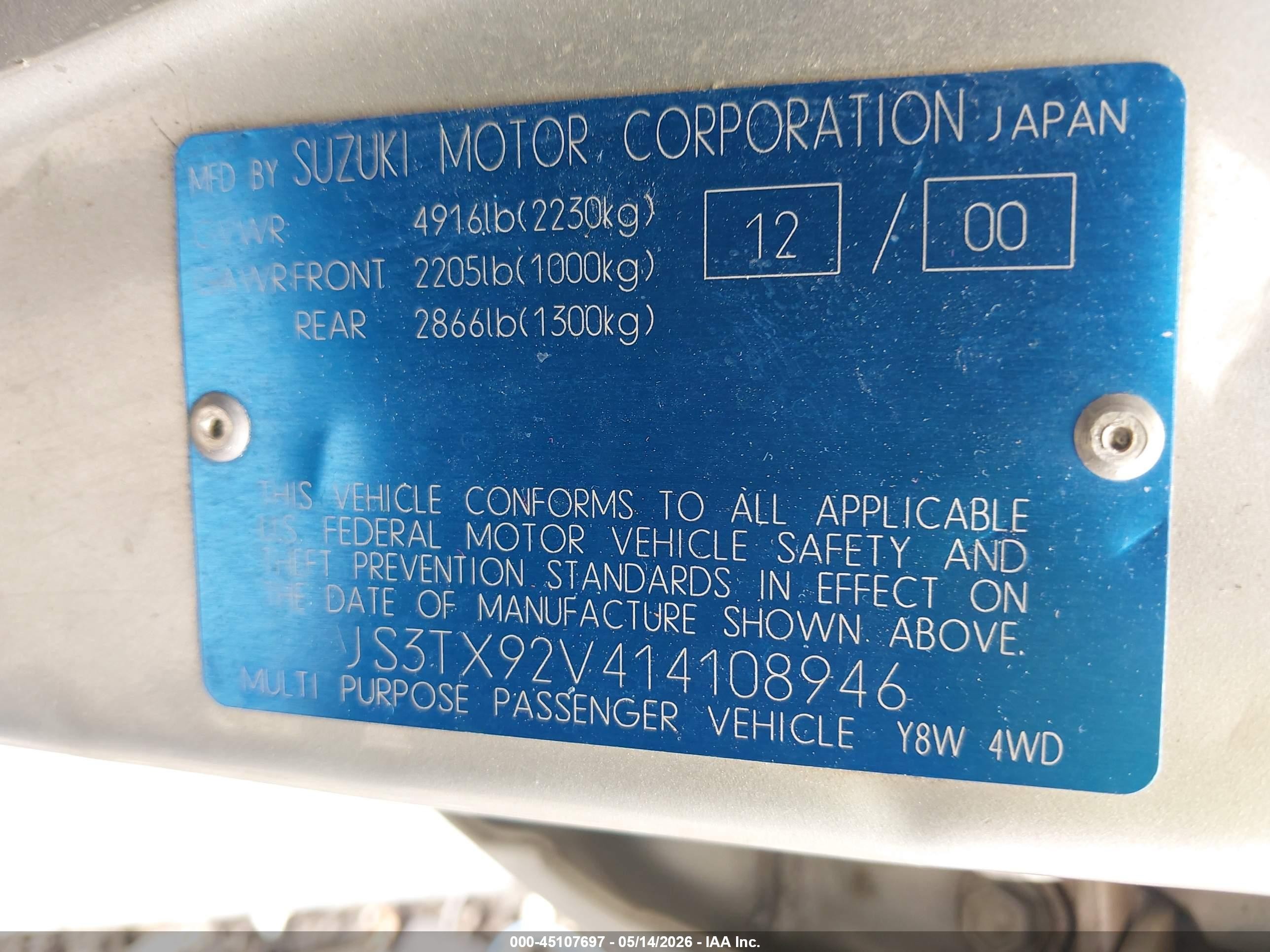 2001 Suzuki Grand Vitara Xl-7 Plus/standard/touring Silver vin: JS3TX92V414108946