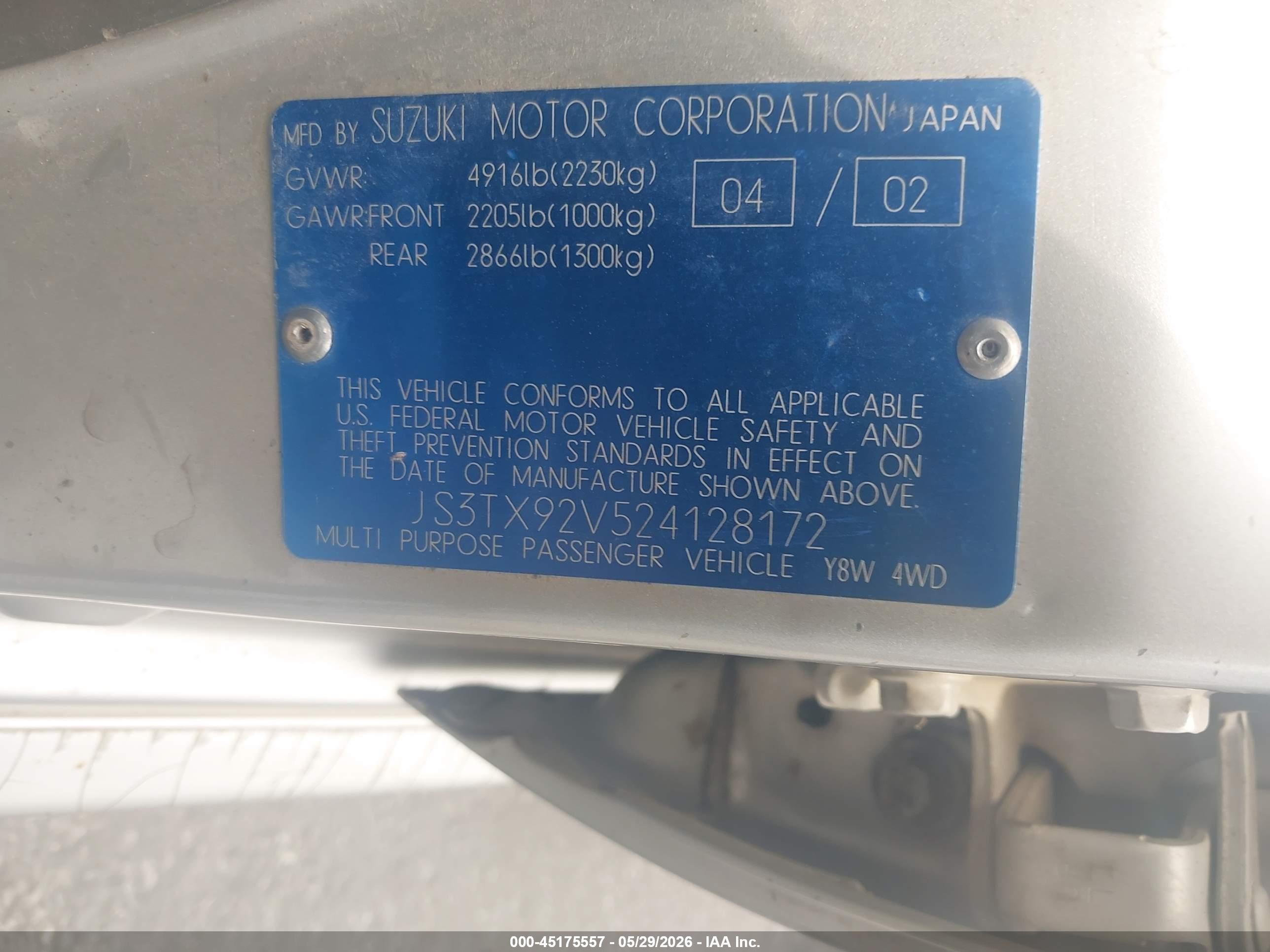 2002 Suzuki Xl-7 Limited/plus/standard/touring Silver vin: JS3TX92V524128172