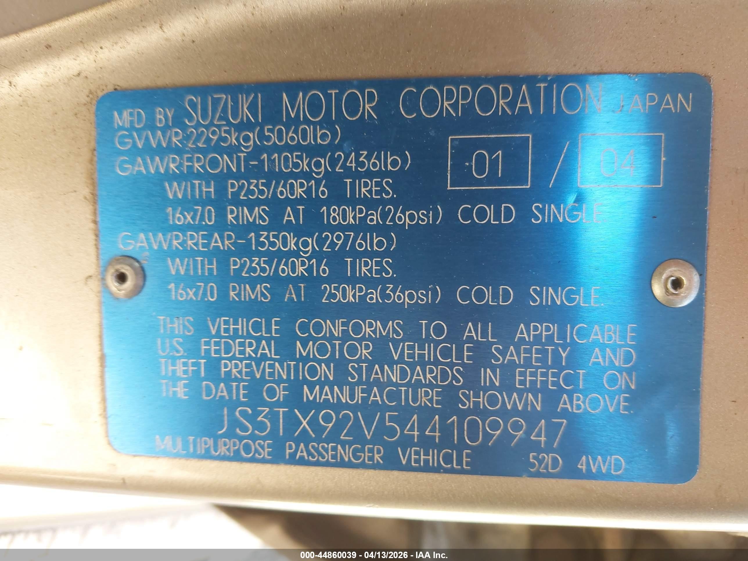 2004 Suzuki Xl-7 Ex/lx Бежевый vin: JS3TX92V544109947