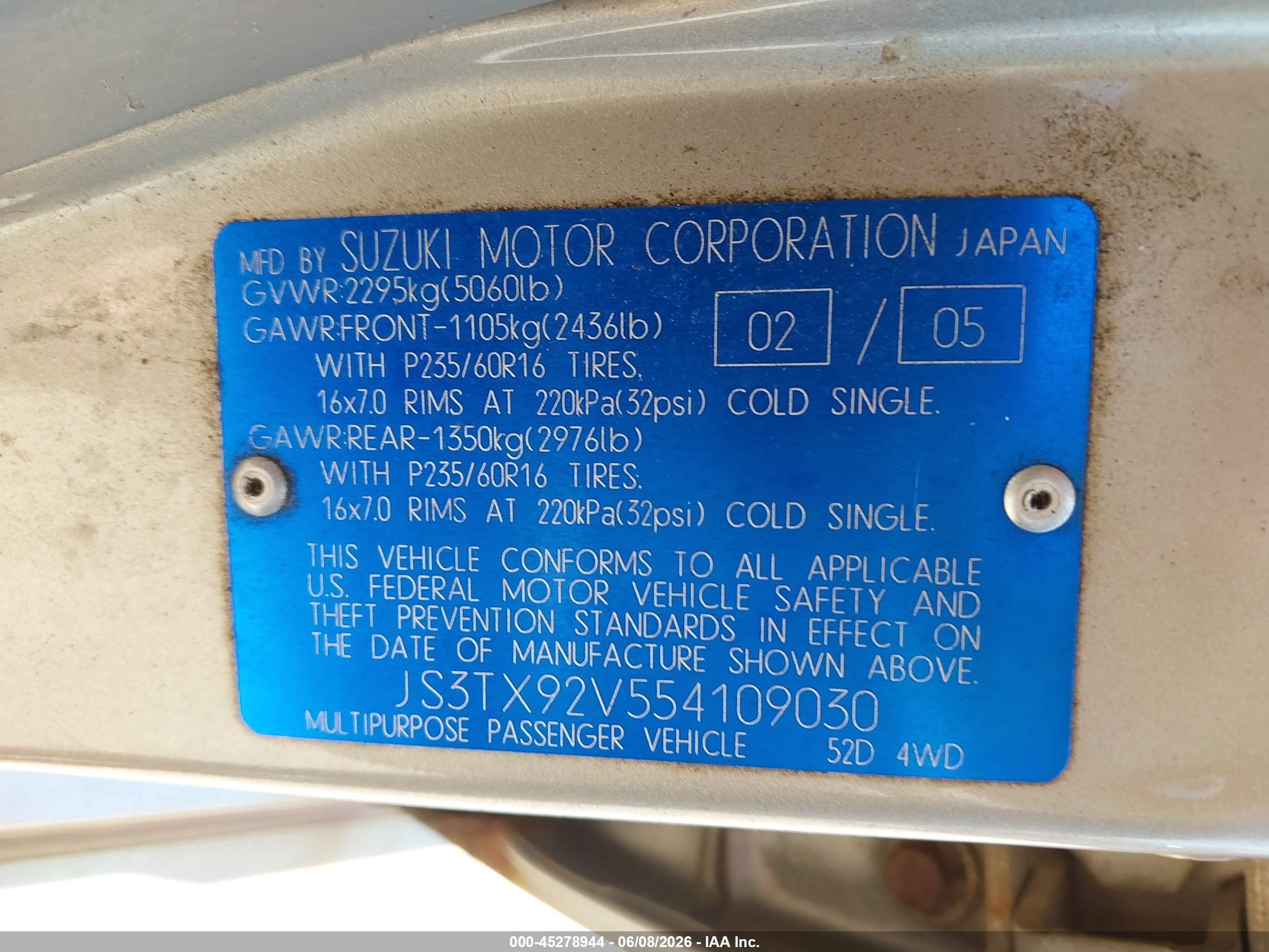 2005 Suzuki Xl-7 Ex/lx Gold vin: JS3TX92V554109030