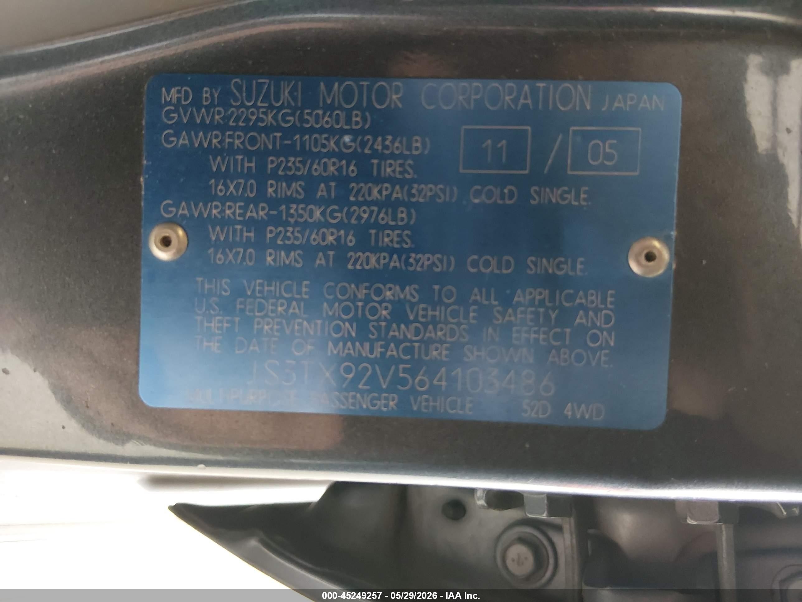 2006 Suzuki Xl-7 Premium Blue vin: JS3TX92V564103486