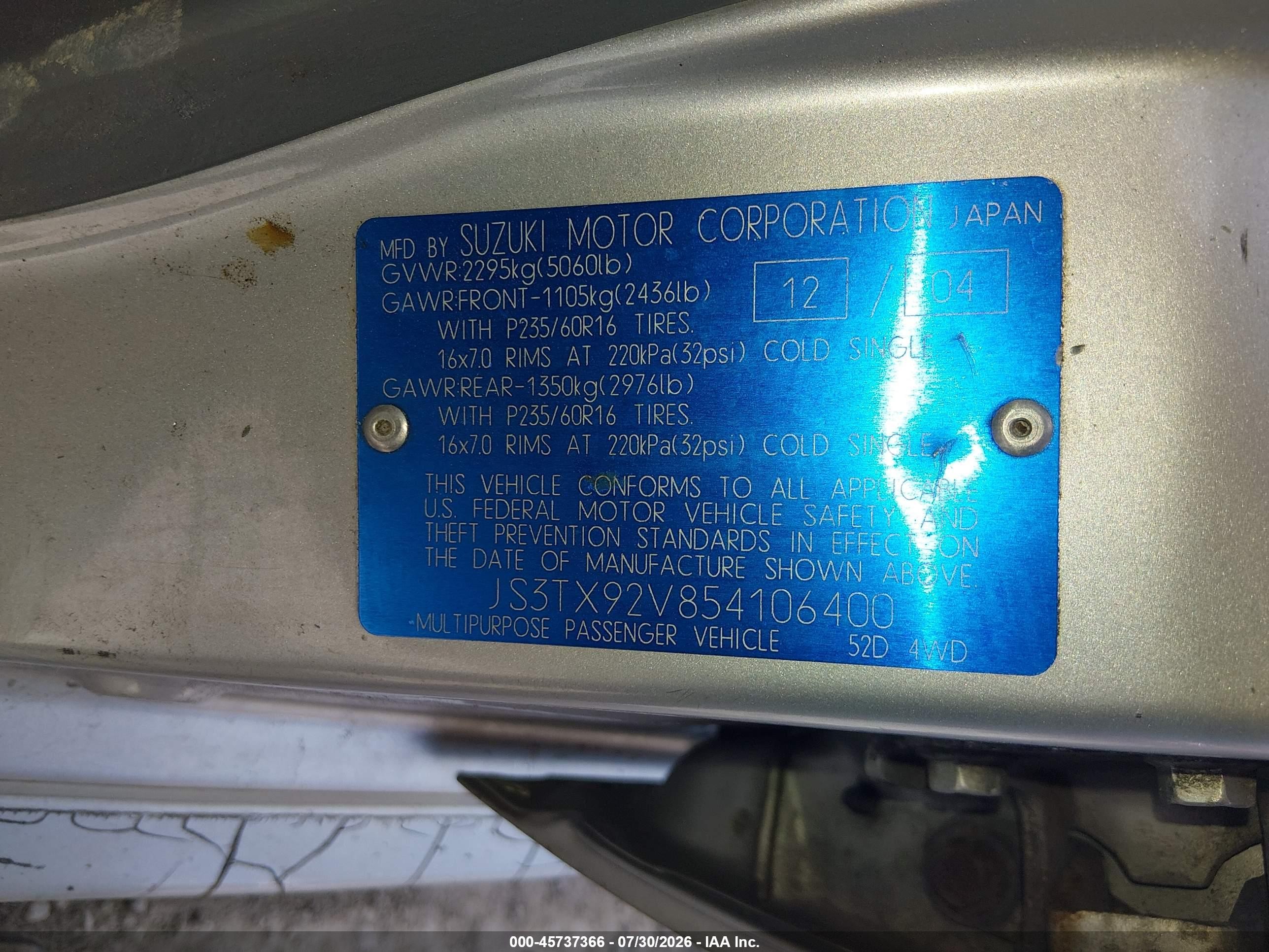 2005 Suzuki Xl-7 Ex/lx Silver vin: JS3TX92V854106400