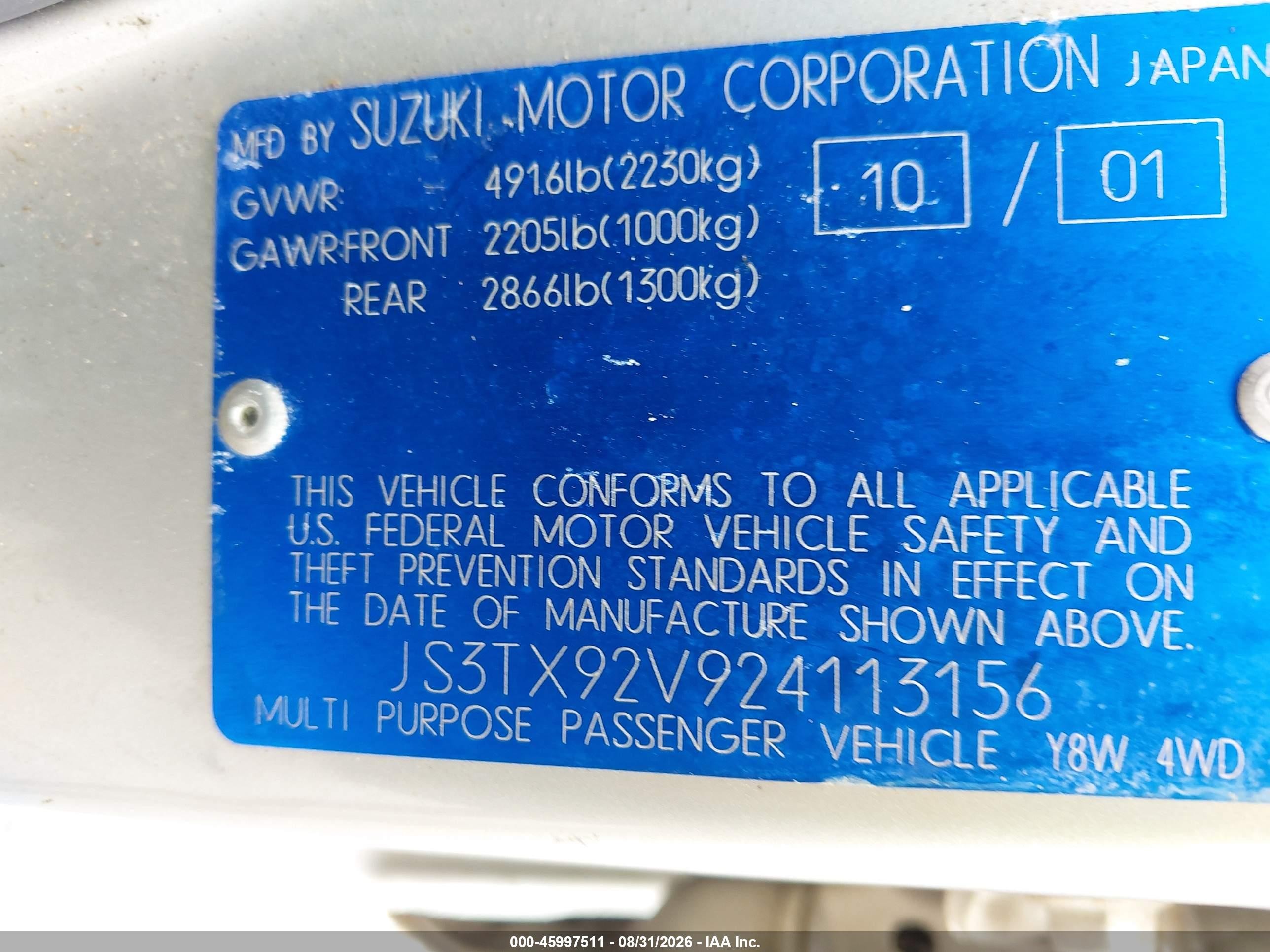 2002 Suzuki Xl-7 Limited/plus/standard/touring Silver vin: JS3TX92V924113156