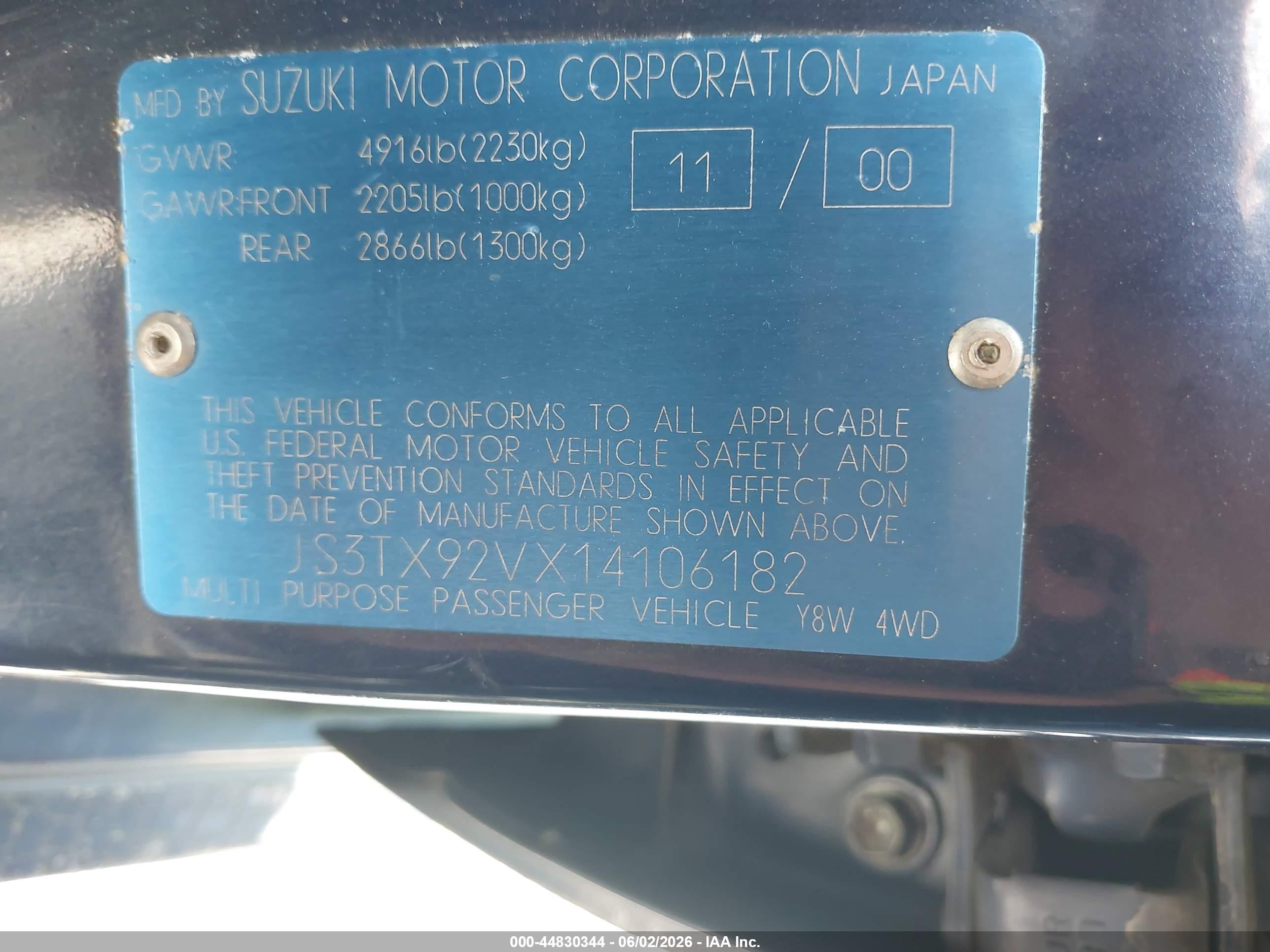 2001 Suzuki Grand Vitara Xl-7 Plus/standard/touring Синий vin: JS3TX92VX14106182