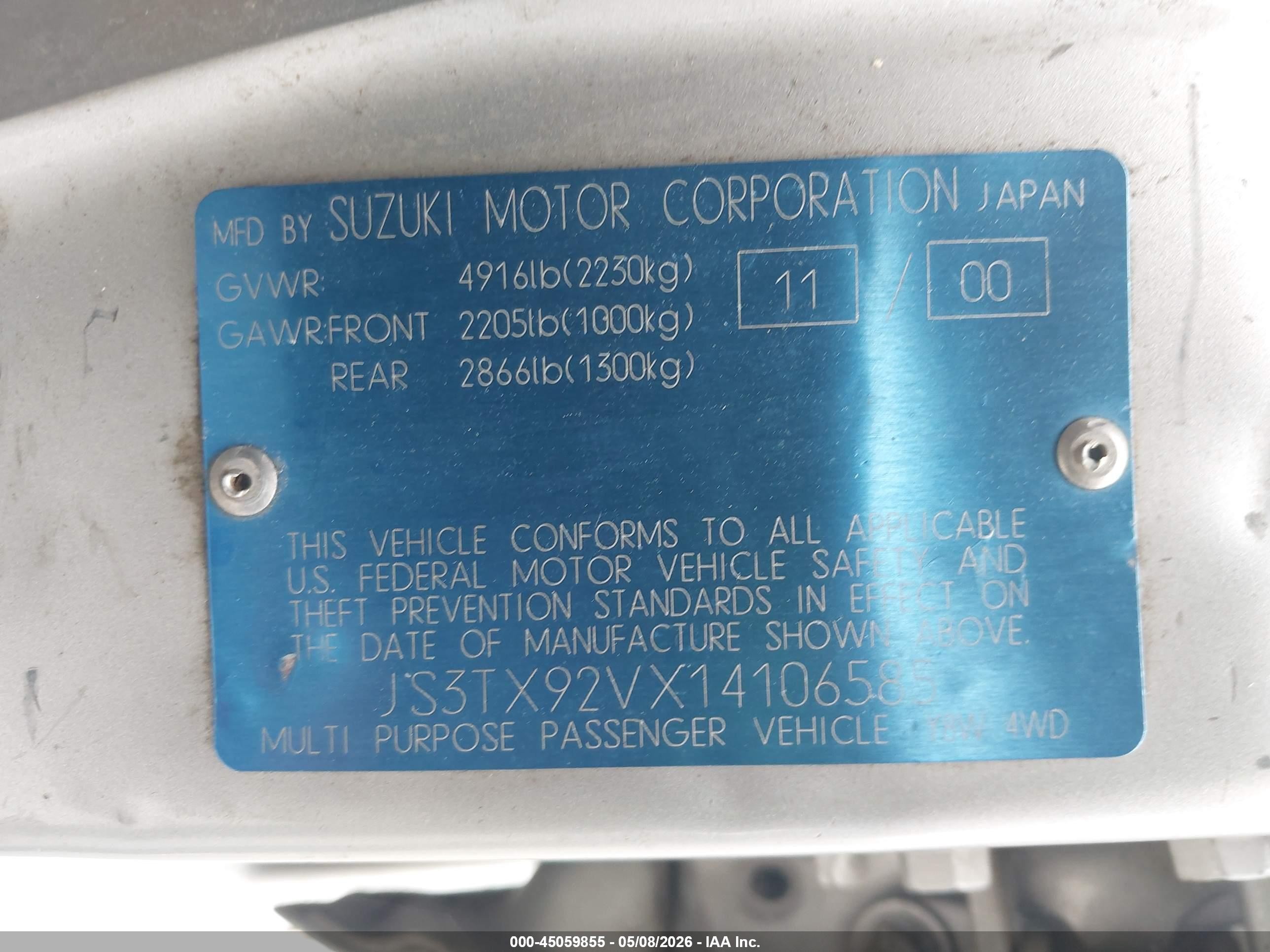 2001 Suzuki Grand Vitara Xl-7 Plus/standard/touring Silver vin: JS3TX92VX14106585
