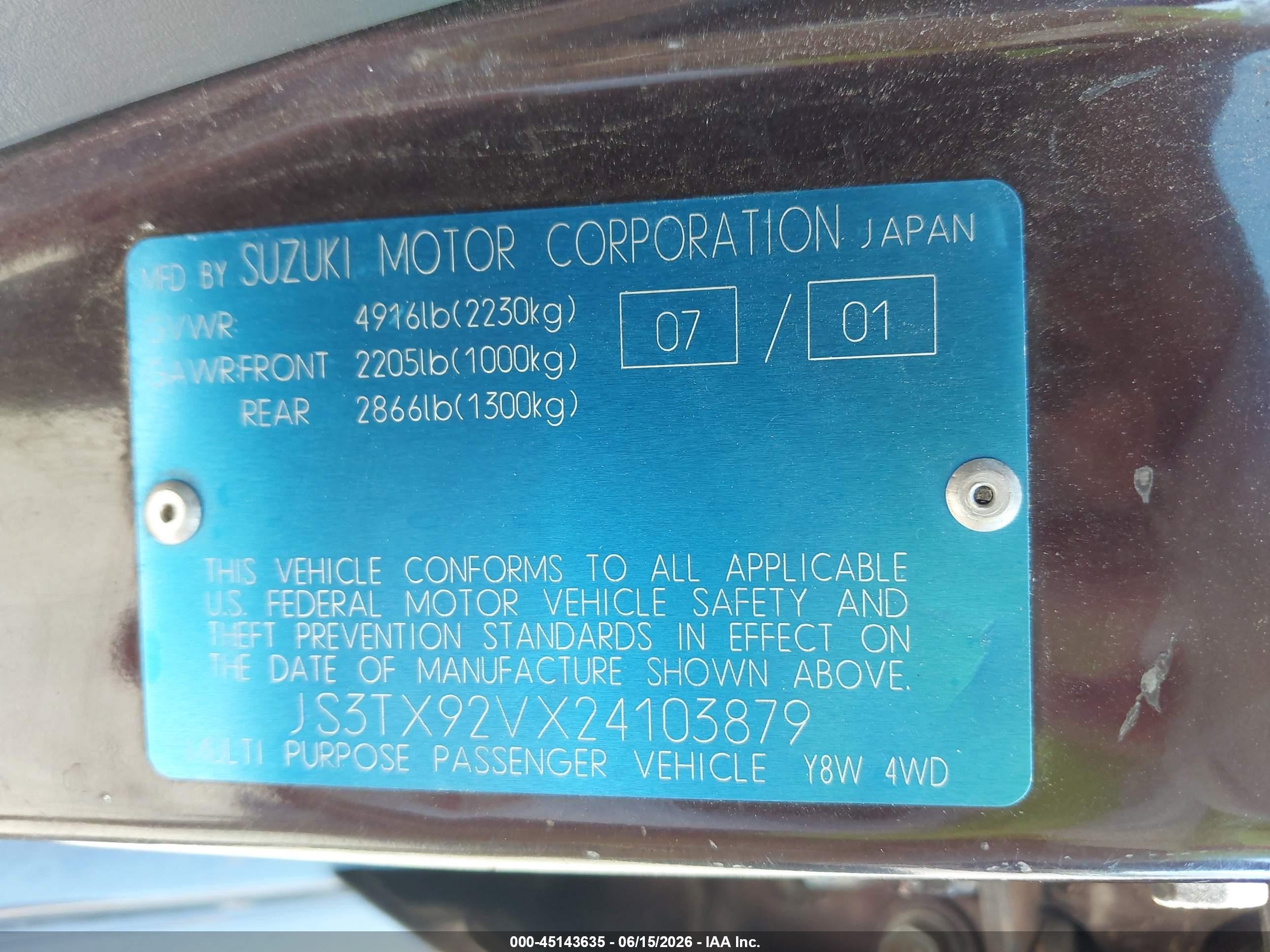 2002 Suzuki Xl-7 Limited/plus/standard/touring Purple vin: JS3TX92VX24103879