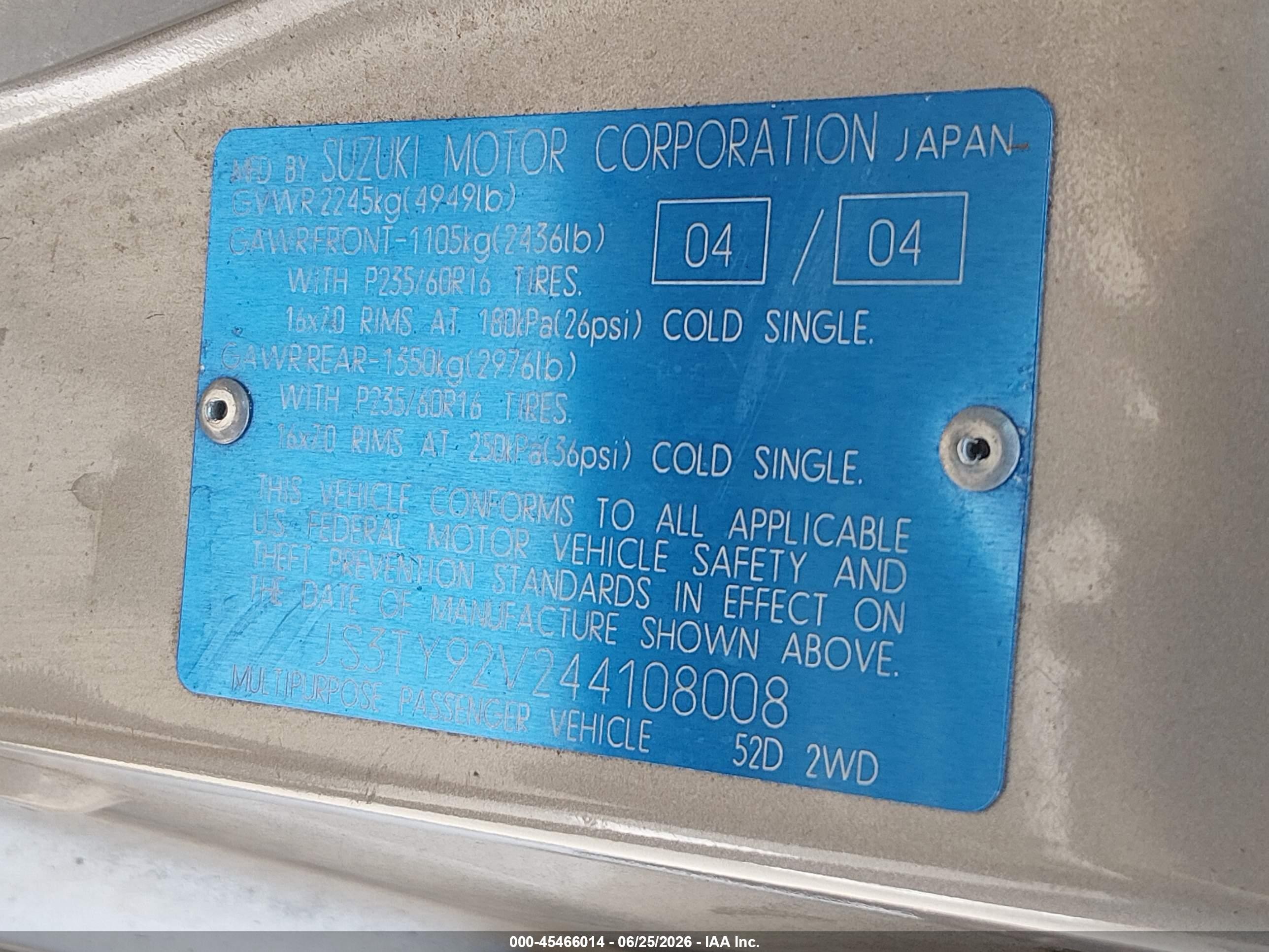2004 Suzuki Xl-7 Ex/lx Gold vin: JS3TY92V244108008