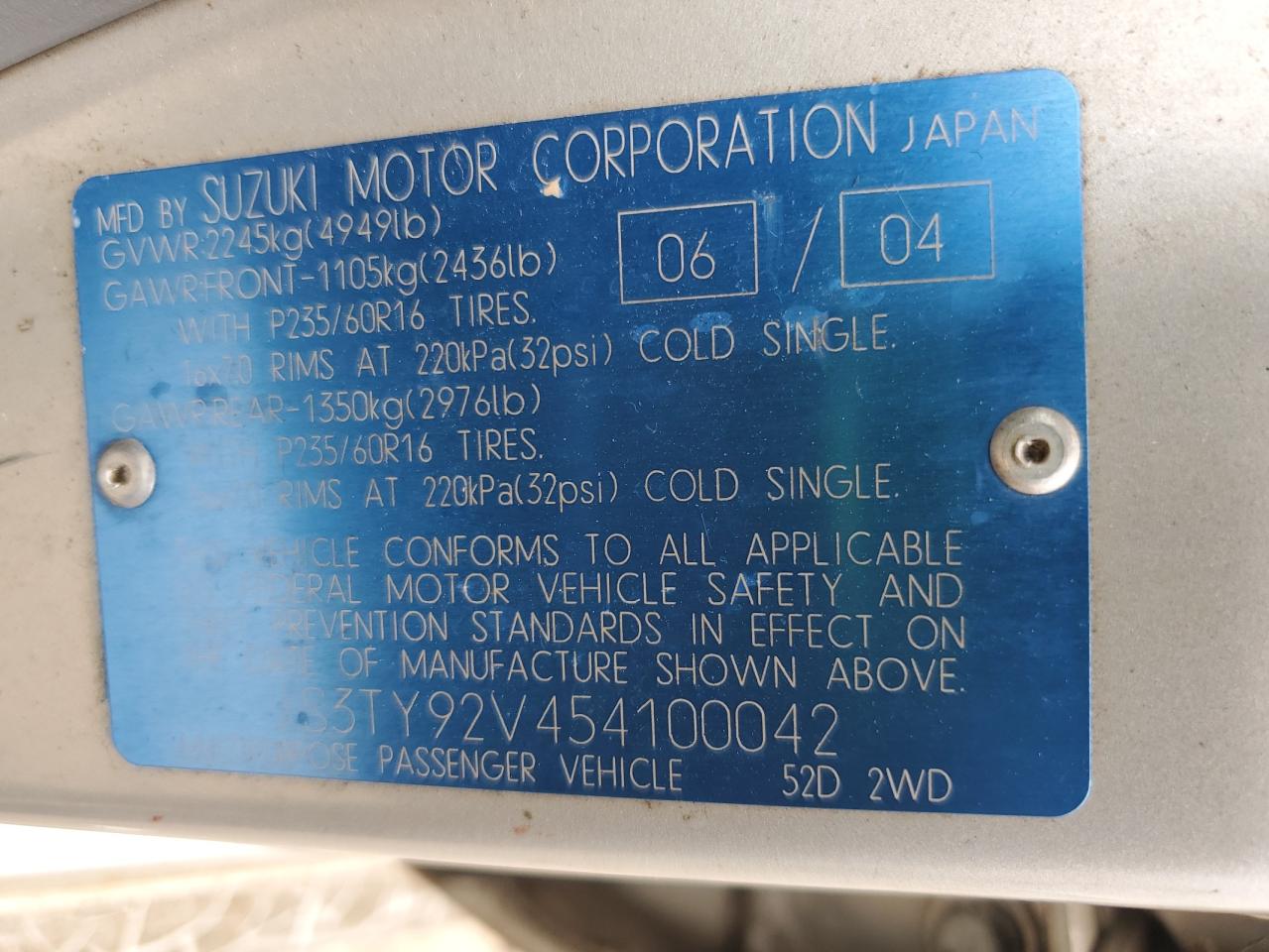 2005 Suzuki Xl7 Ex Silver vin: JS3TY92V454100042