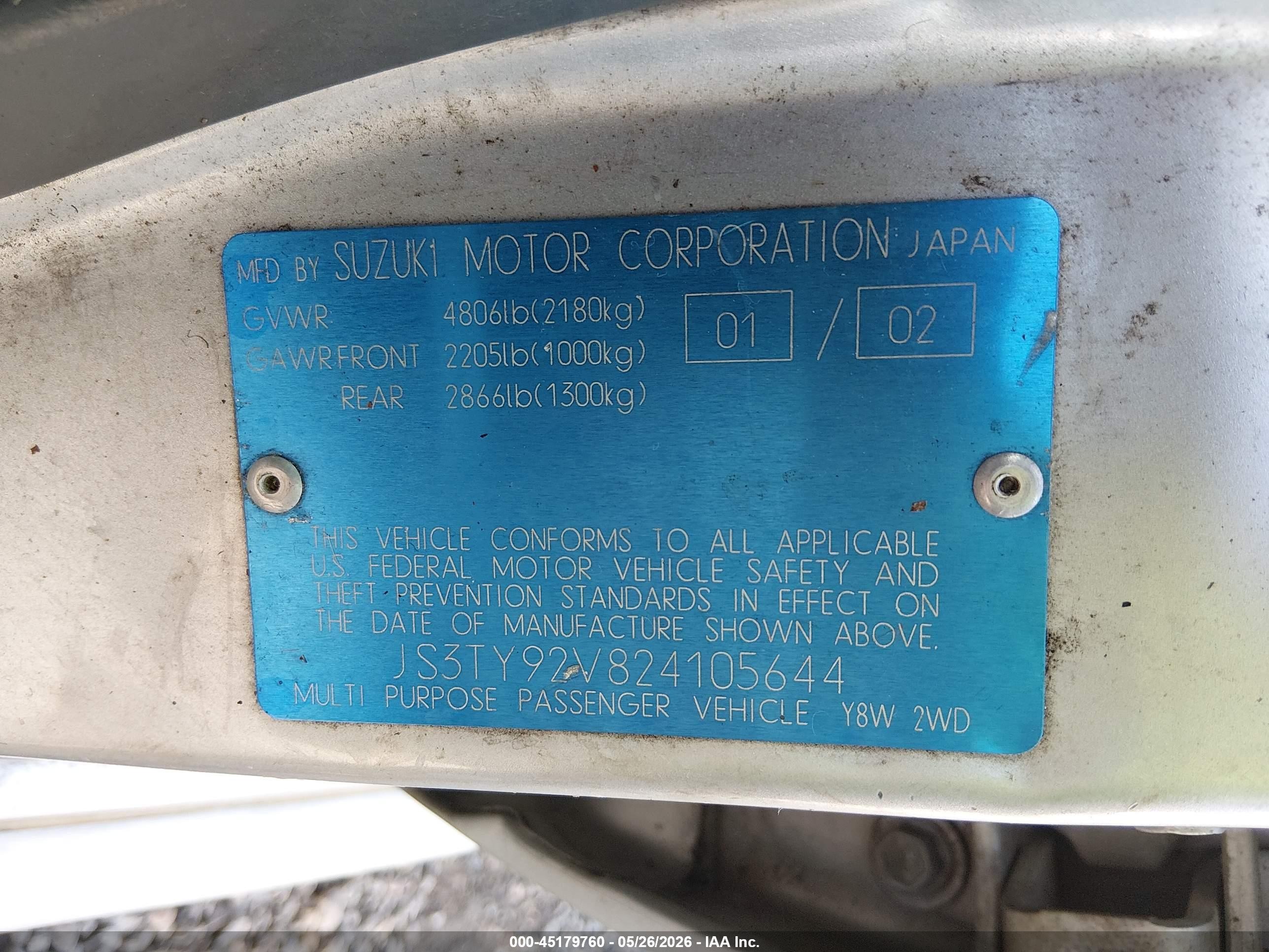 2002 Suzuki Xl-7 Limited/plus/standard/touring Silver vin: JS3TY92V824105644