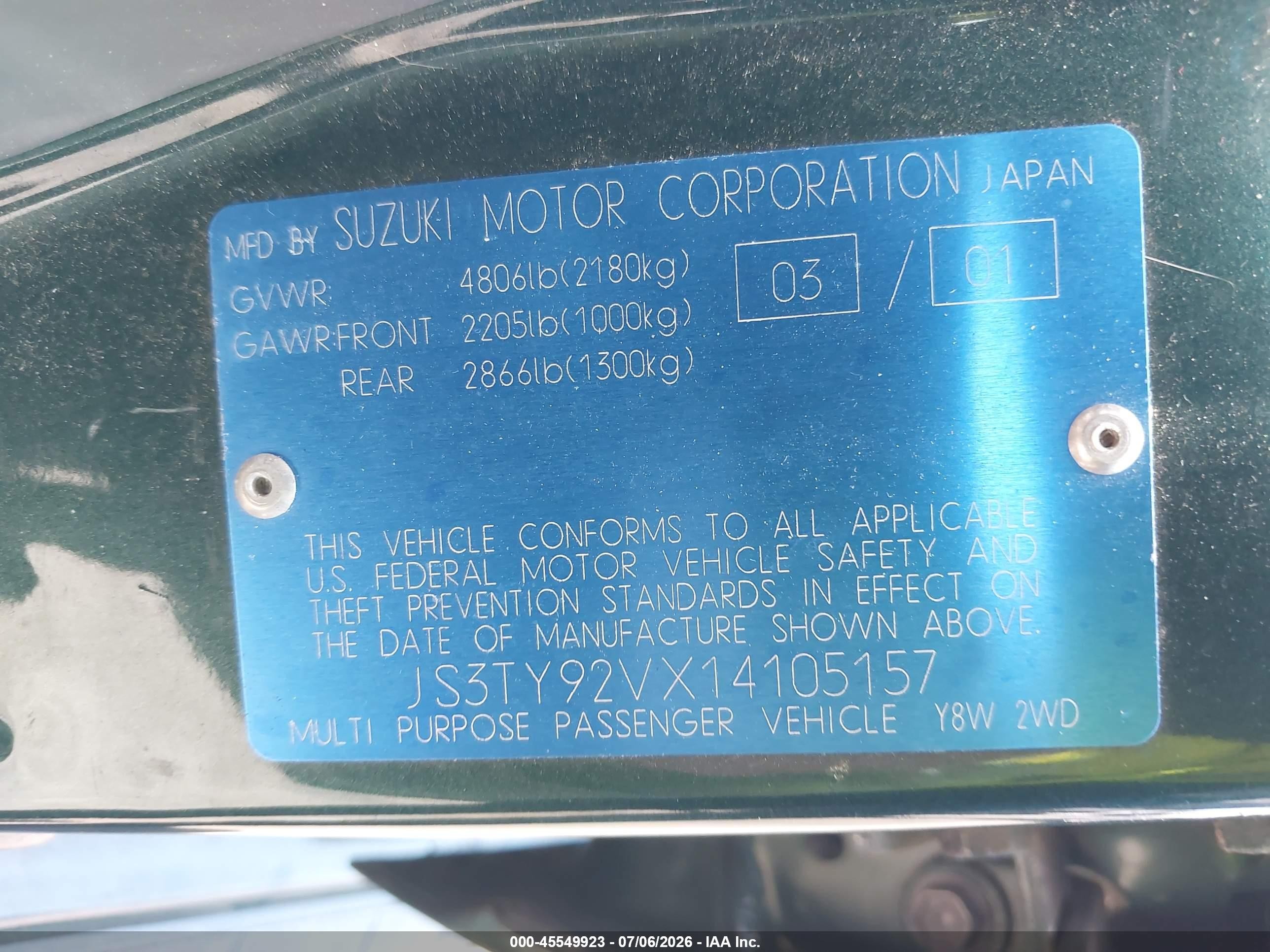 2001 Suzuki Grand Vitara Xl-7 Plus/standard/touring Зеленый vin: JS3TY92VX14105157