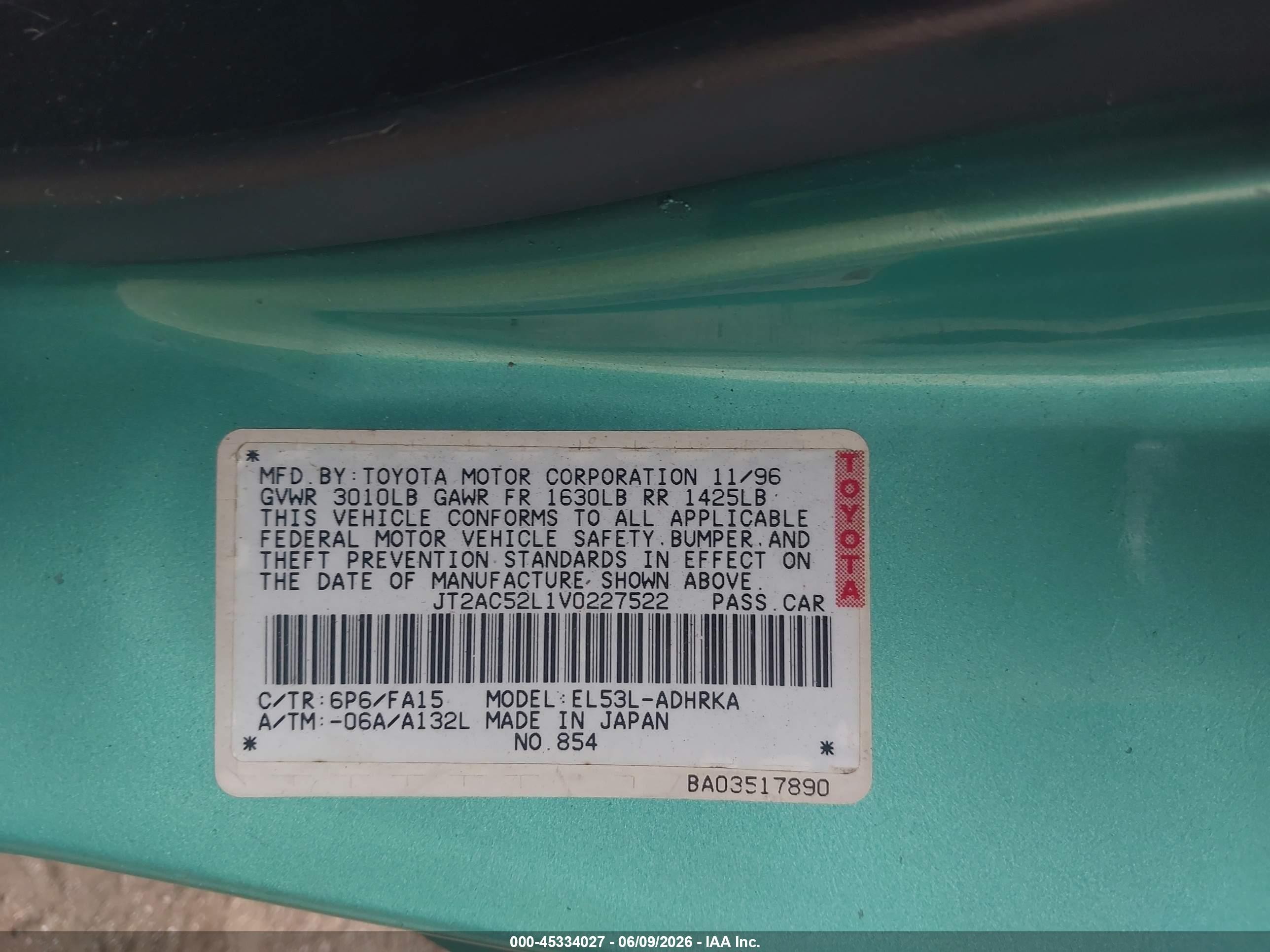 1997 Toyota Tercel Ce Green vin: JT2AC52L1V0227522