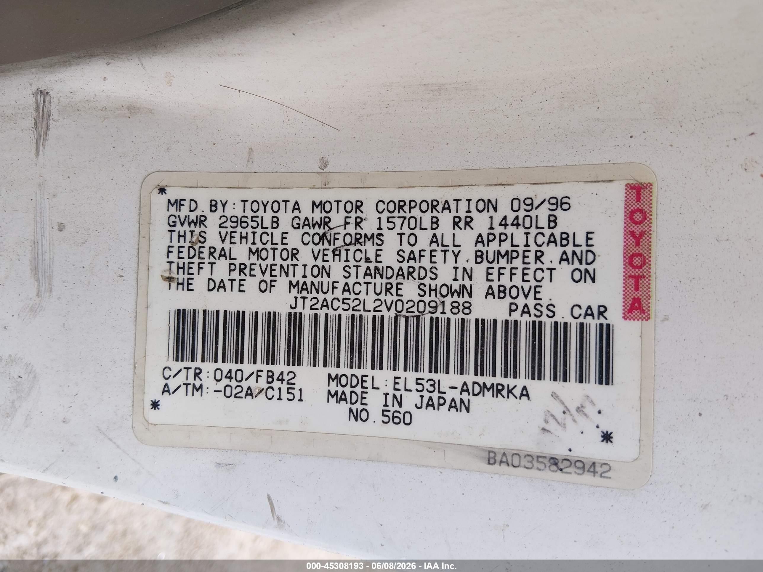 1997 Toyota Tercel Ce White vin: JT2AC52L2V0209188