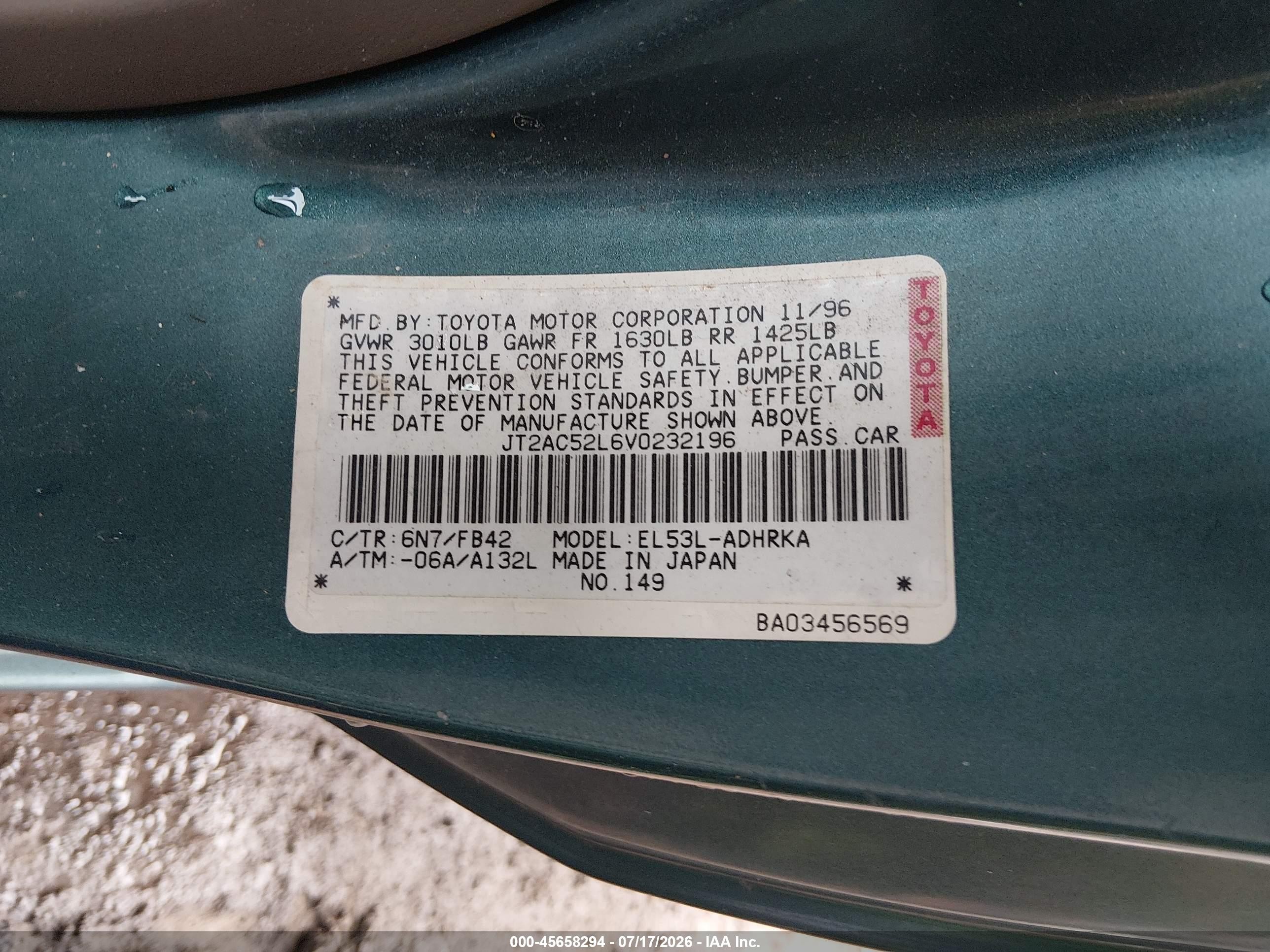 1997 Toyota Tercel Ce Green vin: JT2AC52L6V0232196