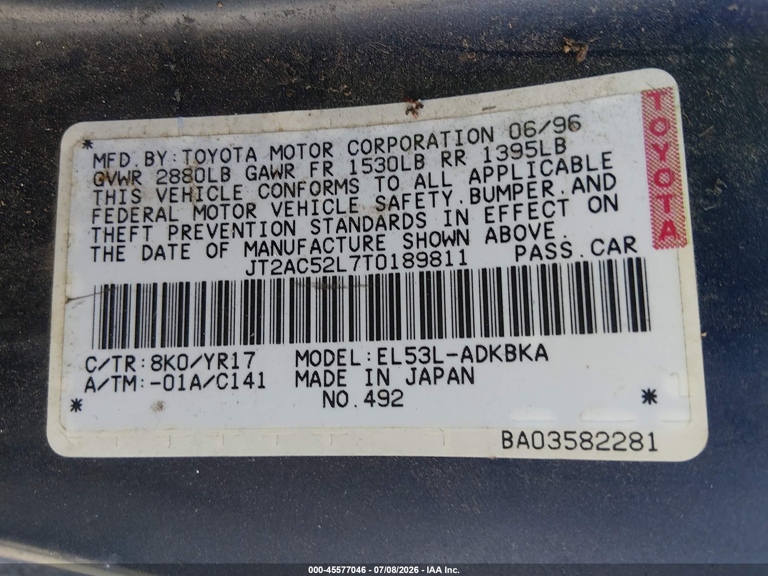 1996 Toyota Tercel Std/dx Dark Blue vin: JT2AC52L7T0189811