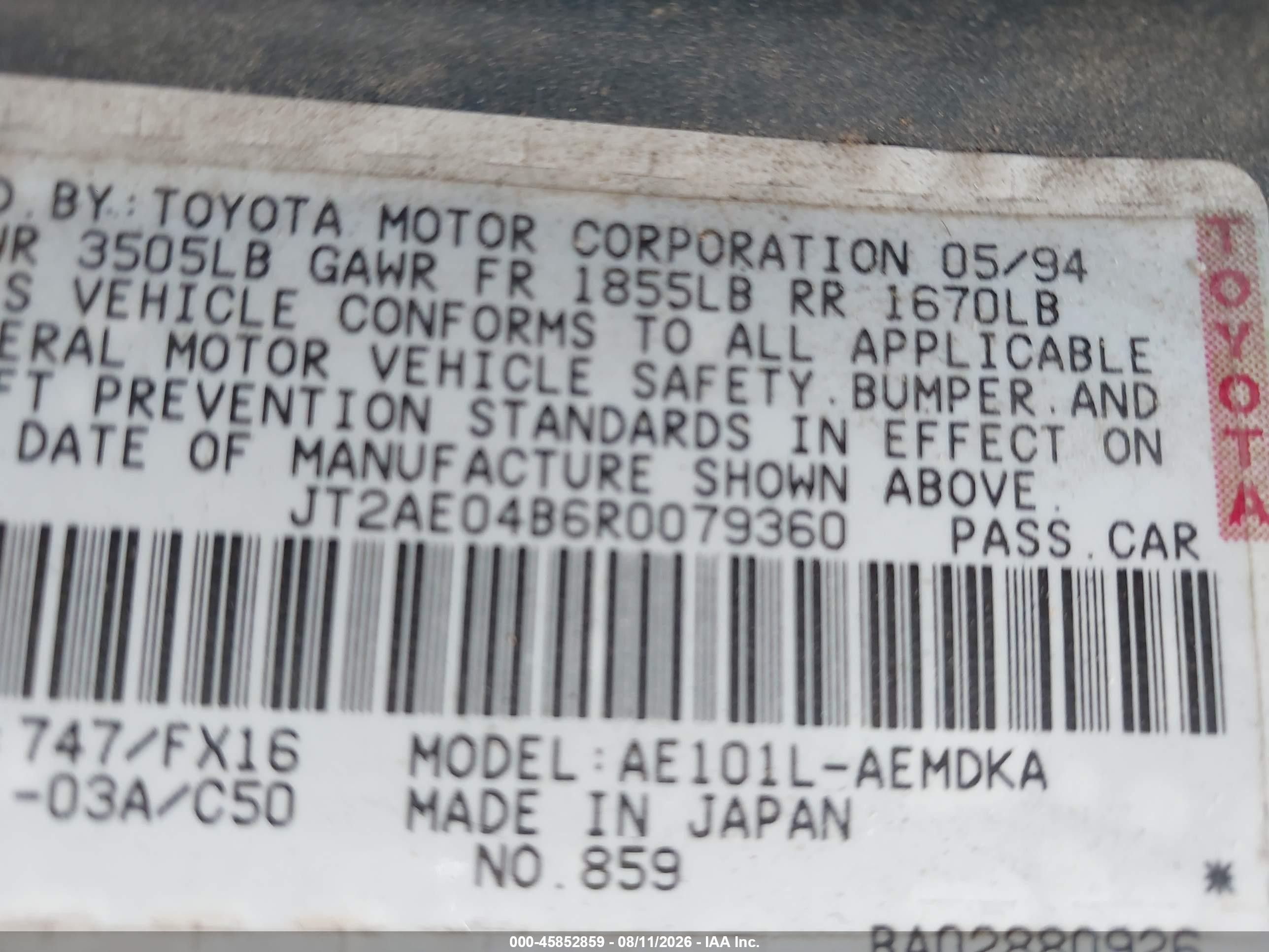 1994 Toyota Corolla   Green vin: JT2AE04B6R0079360