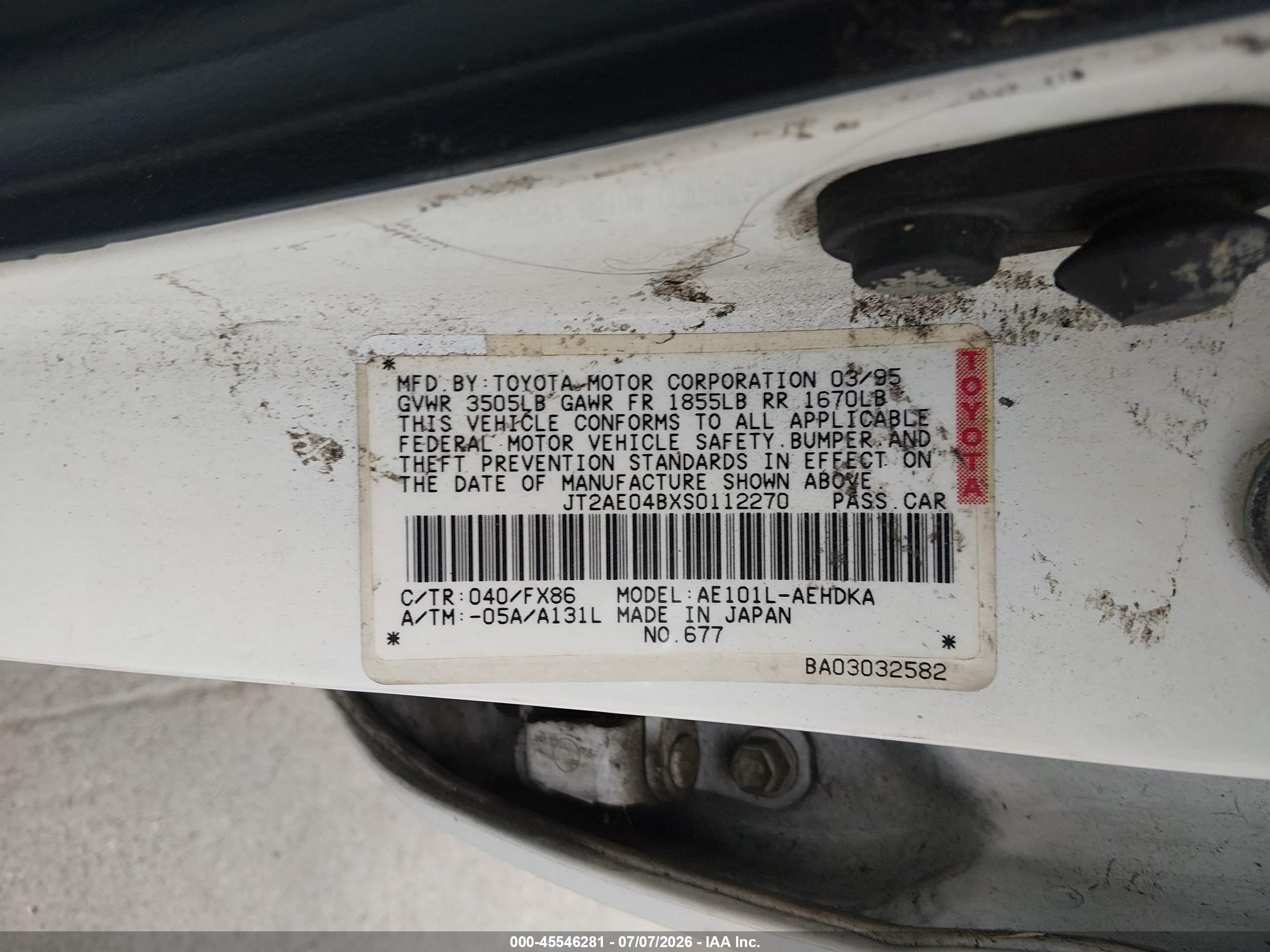 1995 Toyota Corolla   White vin: JT2AE04BXS0112270