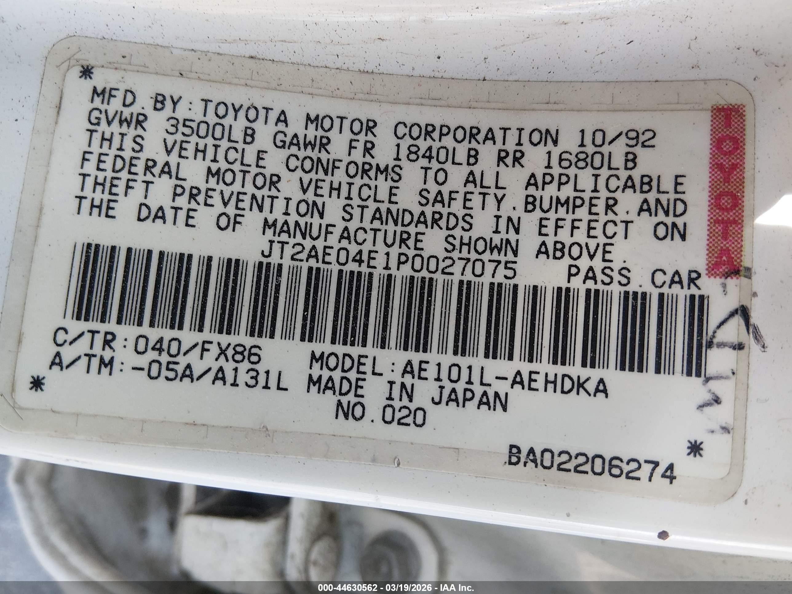 1993 Toyota Corolla   White vin: JT2AE04E1P0027075