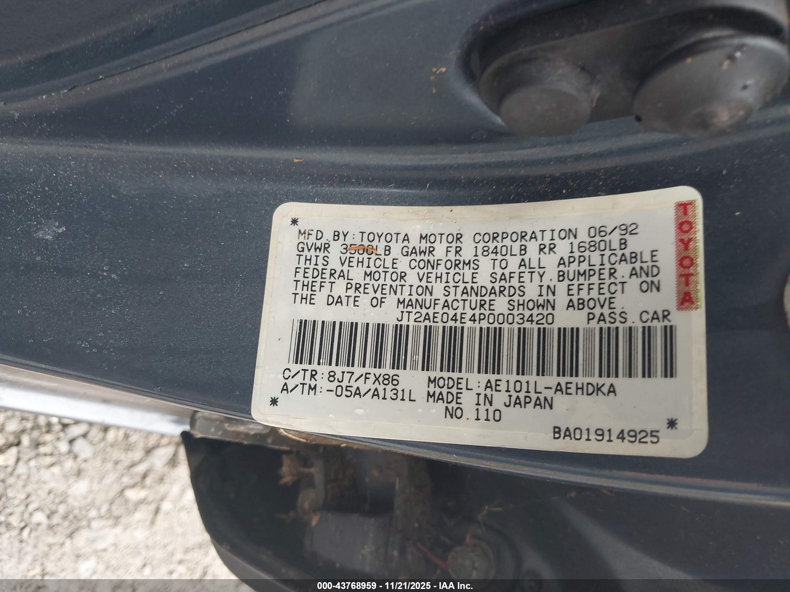 1993 Toyota Corolla   Синий vin: JT2AE04E4P0003420
