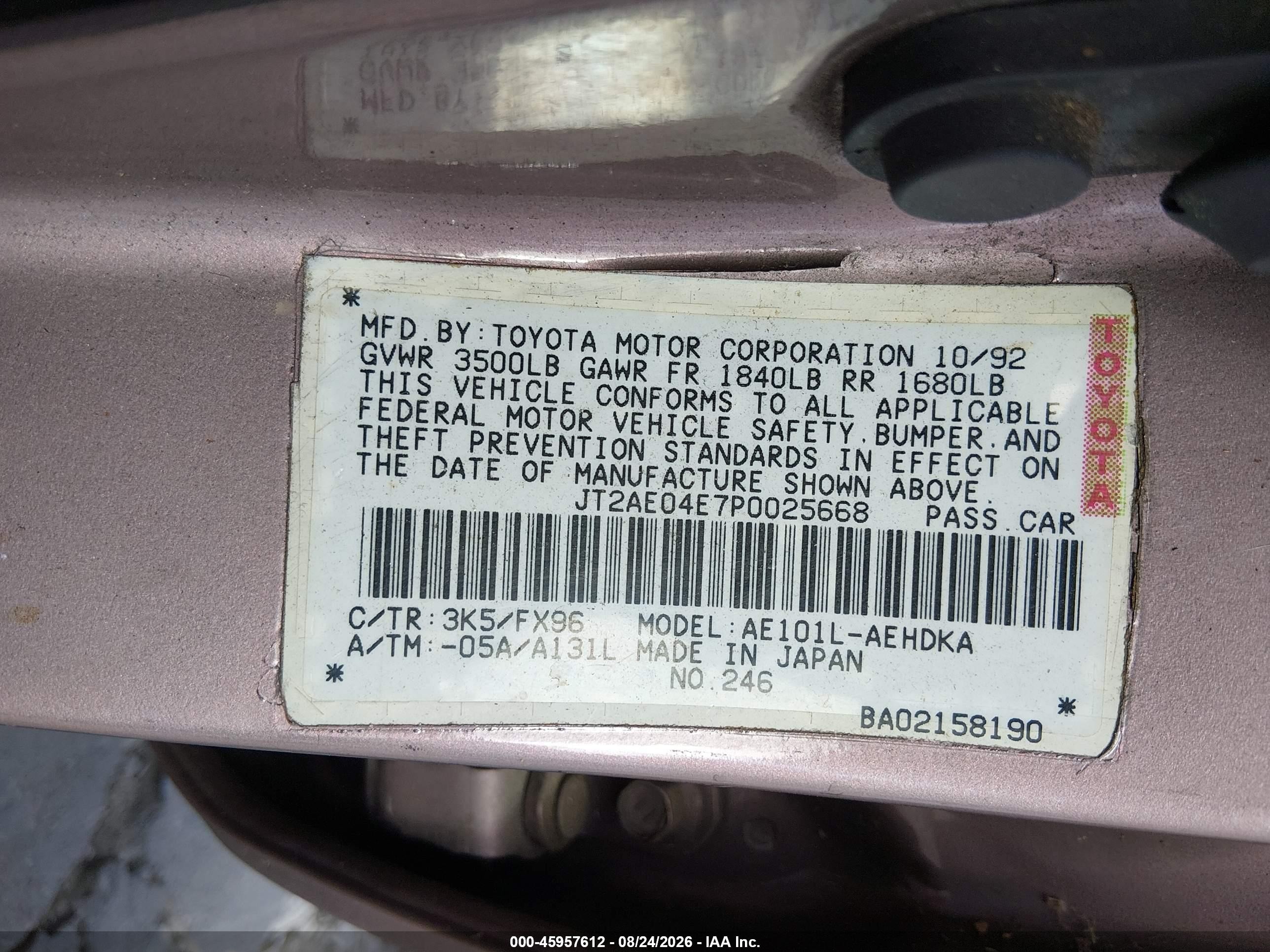 1993 Toyota Corolla   Blue vin: JT2AE04E7P0025668
