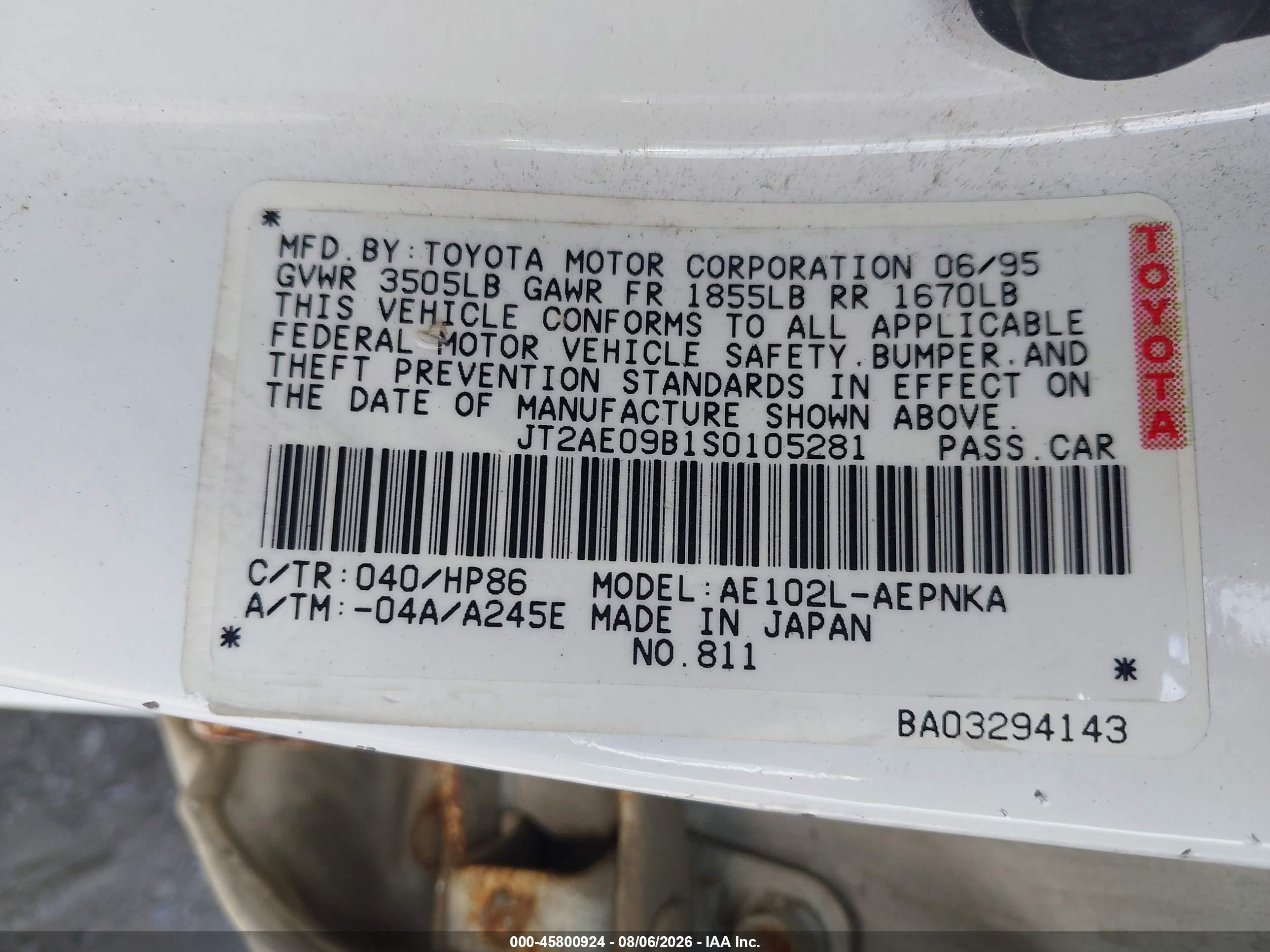 1995 Toyota Corolla Le/dx White vin: JT2AE09B1S0105281