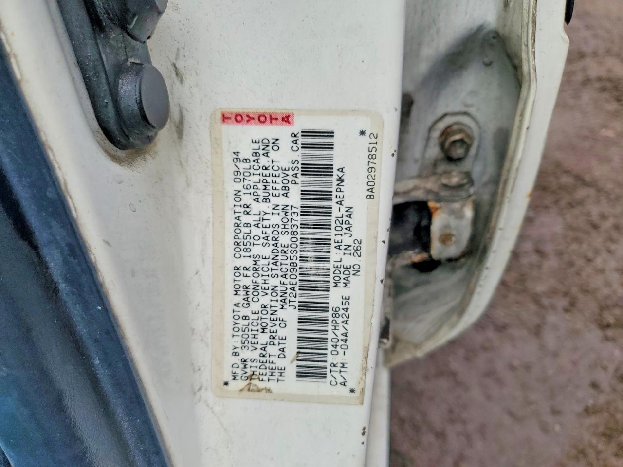 1995 Toyota Corolla Dx White vin: JT2AE09B5S0083737