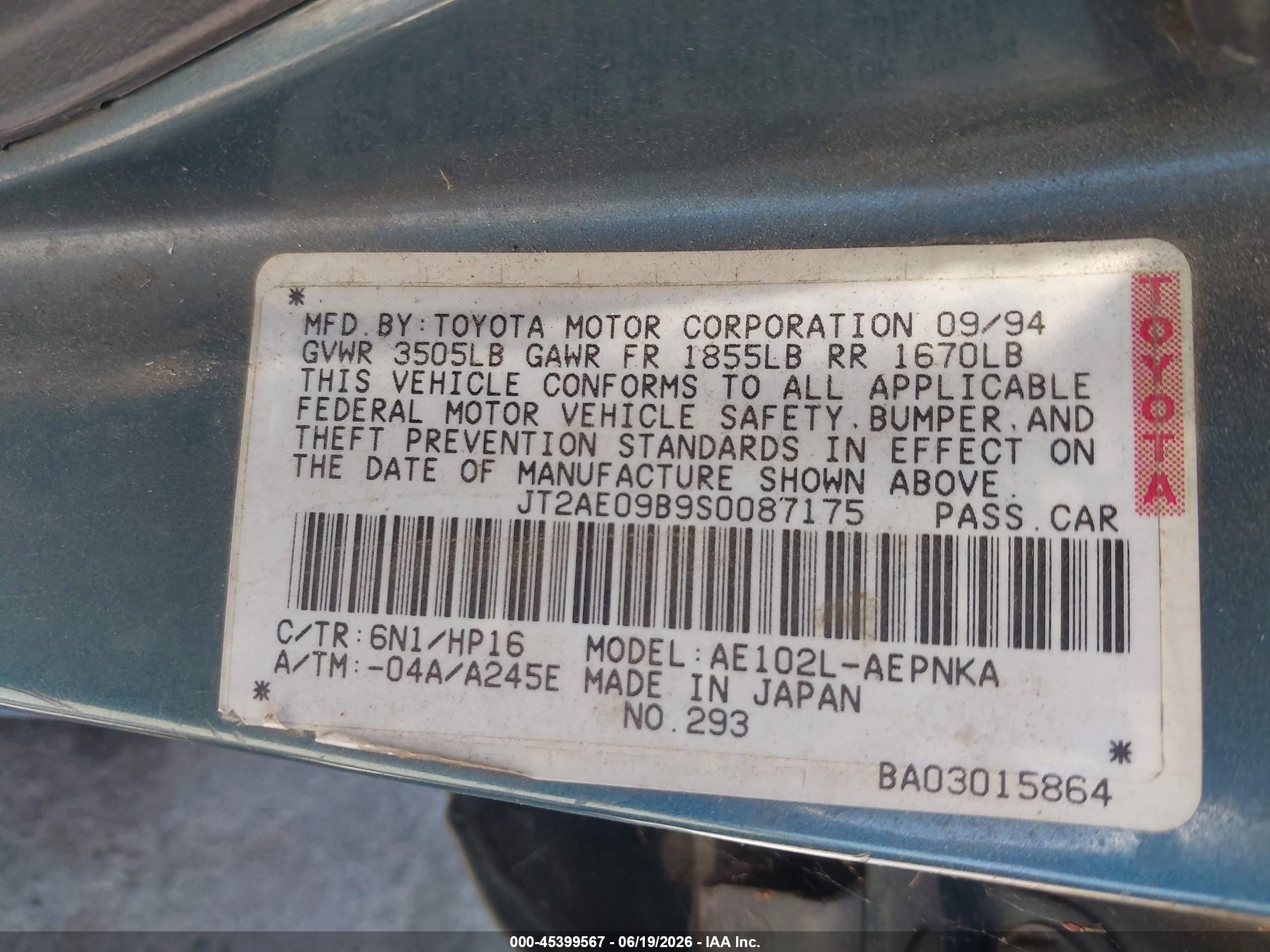 1995 Toyota Corolla Le/dx Light Blue vin: JT2AE09B9S0087175