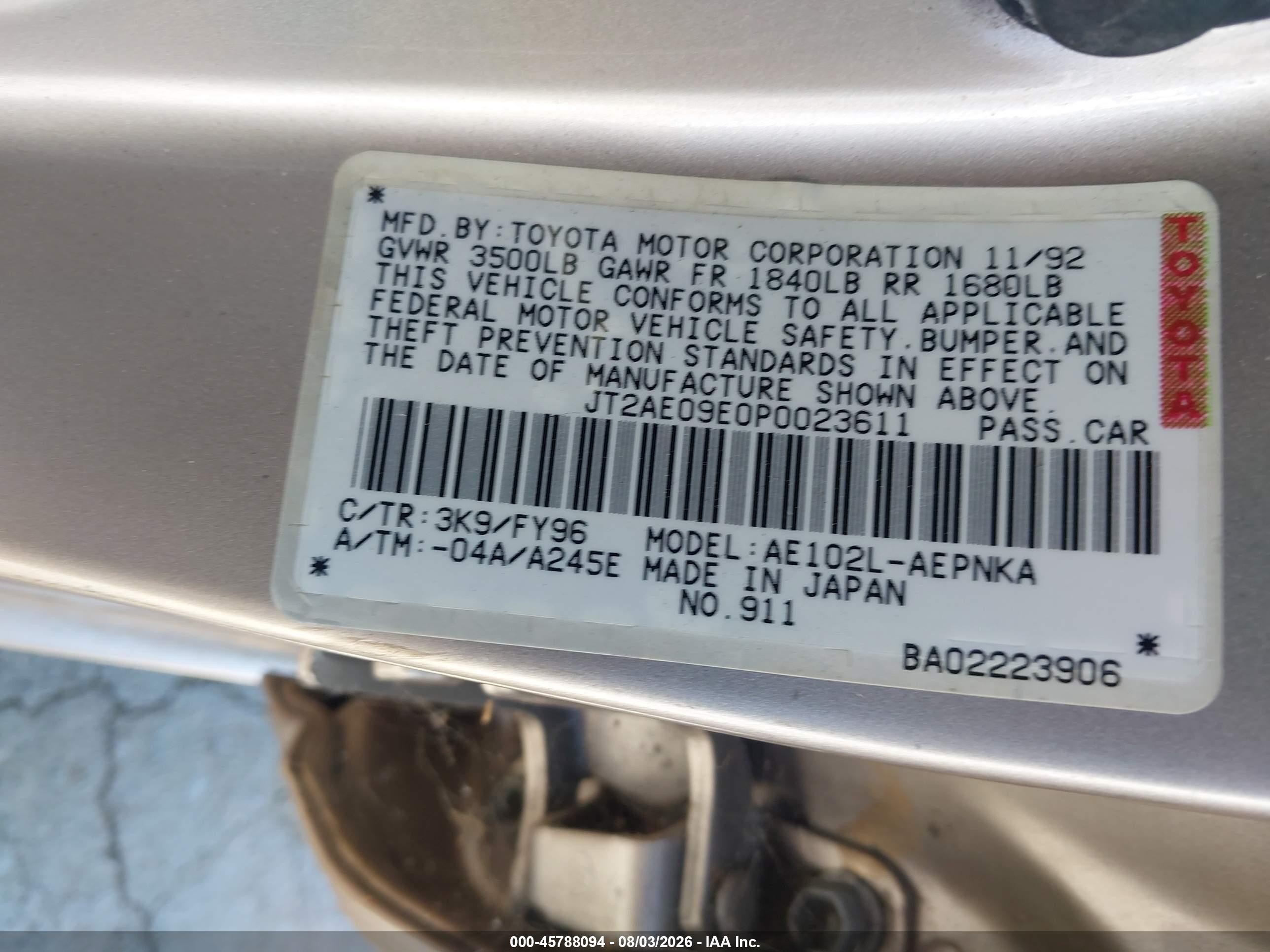 1993 Toyota Corolla Le/dx Pewter vin: JT2AE09E0P0023611